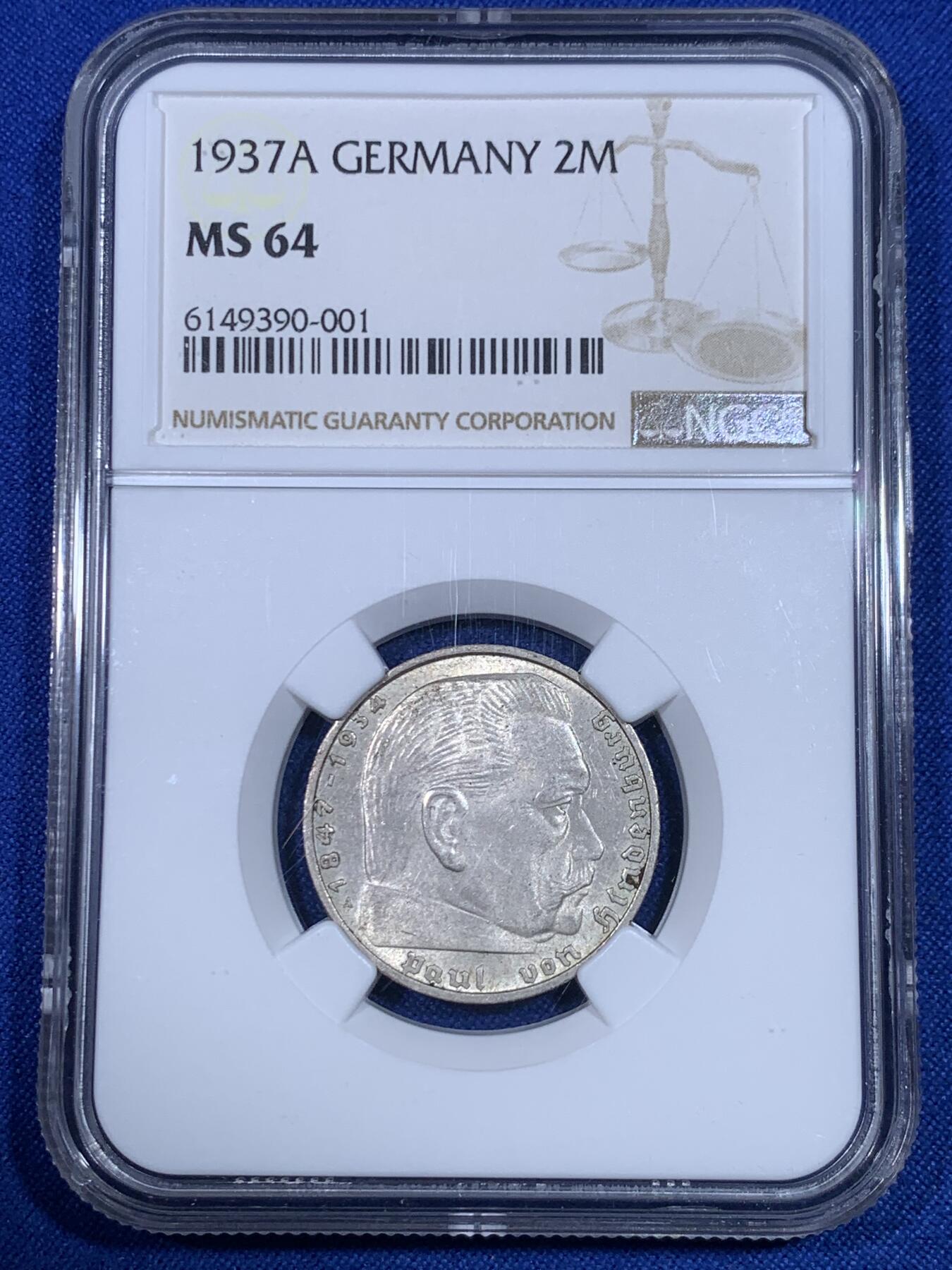 《竞宝斋》第269场- 周日，周一，周二  3场连拍 （全场包邮） NGC MS64 1937年德国2马克银币 BU五彩车轮光 老盒低评