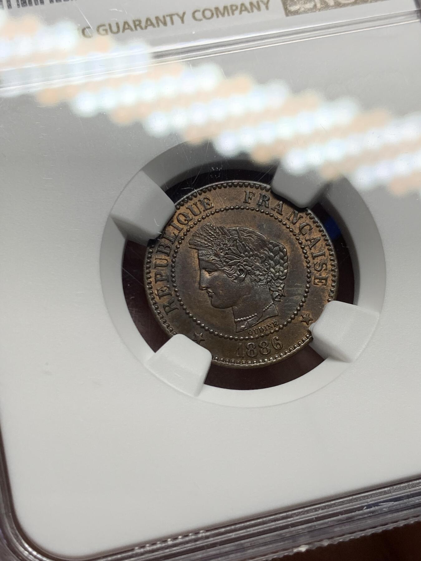 《竞宝斋》第269场- 周日，周一，周二  3场连拍 （全场包邮） NGC MS64BN 法国1886年谷物女神2C铜币 更高分仅一枚 亚军分