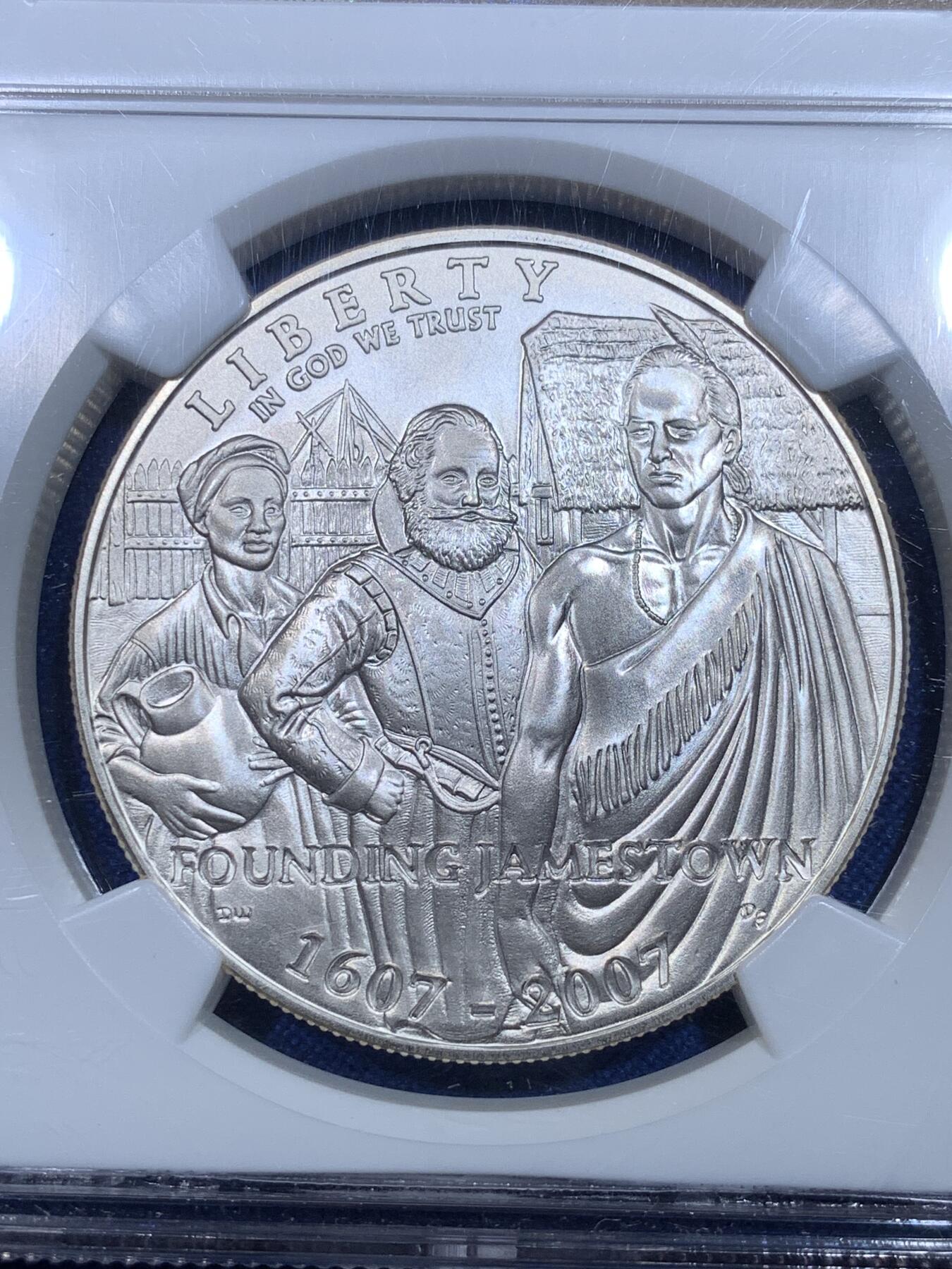 《竞宝斋》第269场- 周日，周一，周二  3场连拍 （全场包邮） NGC MS70 美国2007年詹姆斯敦建城400周年1美元磨砂银币 2009年度克劳斯世界硬币大奖赛之年度最佳历史意义银币 900银