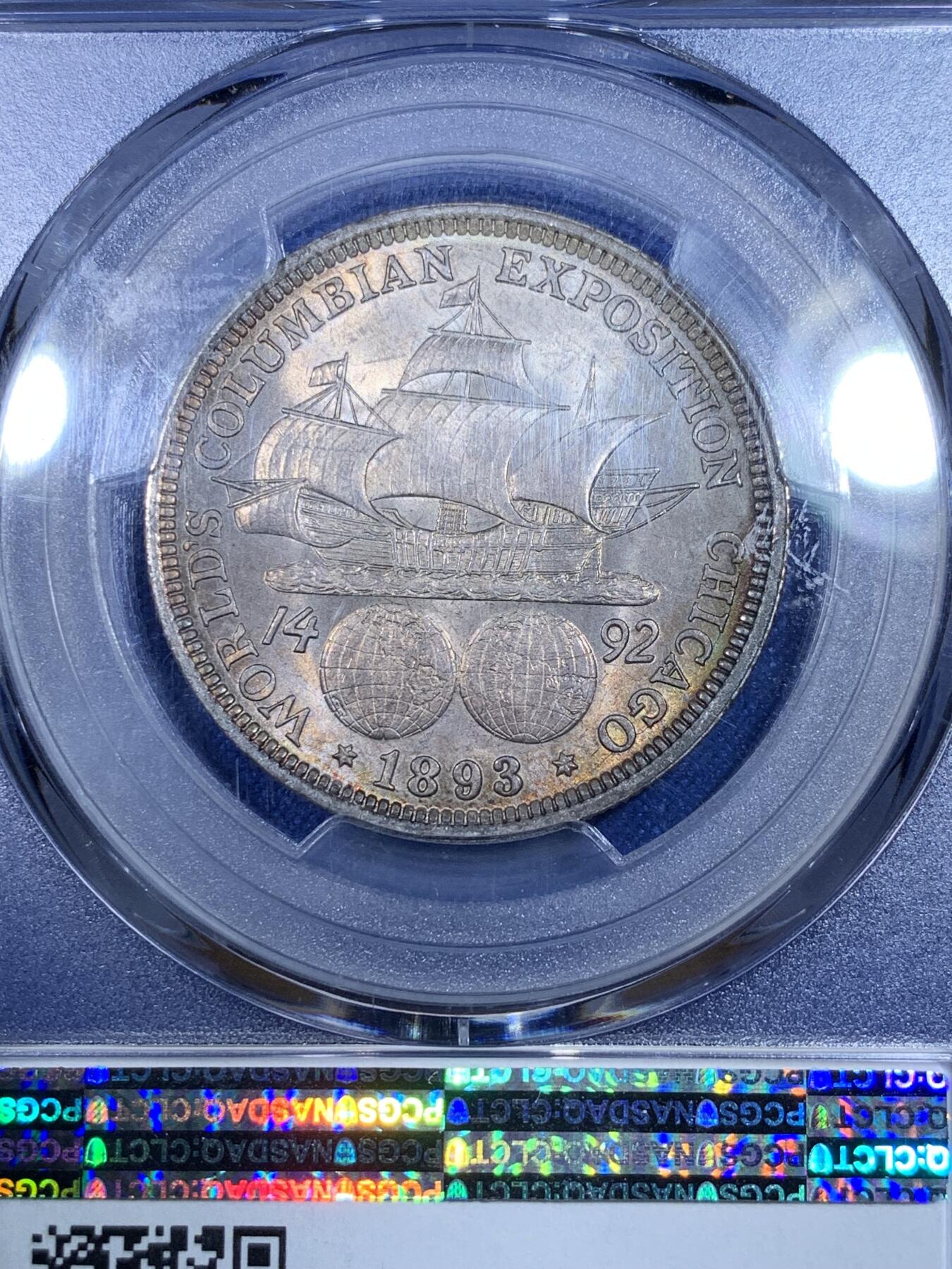 《竞宝斋》第269场- 周日，周一，周二  3场连拍 （全场包邮） PCGS MS63 美国1893年哥伦布帆船半圆银币 标签年份错误 淡金色环彩包浆 状态非常好