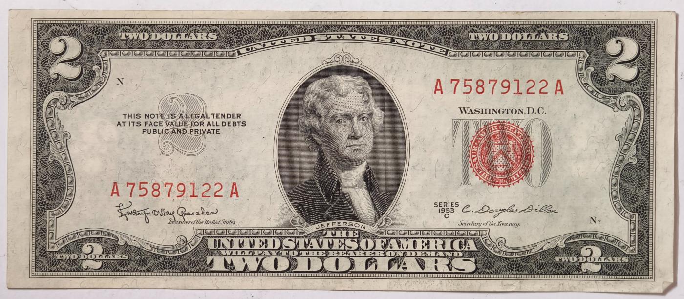 紫瑗钱币——第351期拍卖——纸币场 【双尾2】美国 1953年 B序列 托马斯·杰斐逊 2美元 红印 政府券 AU