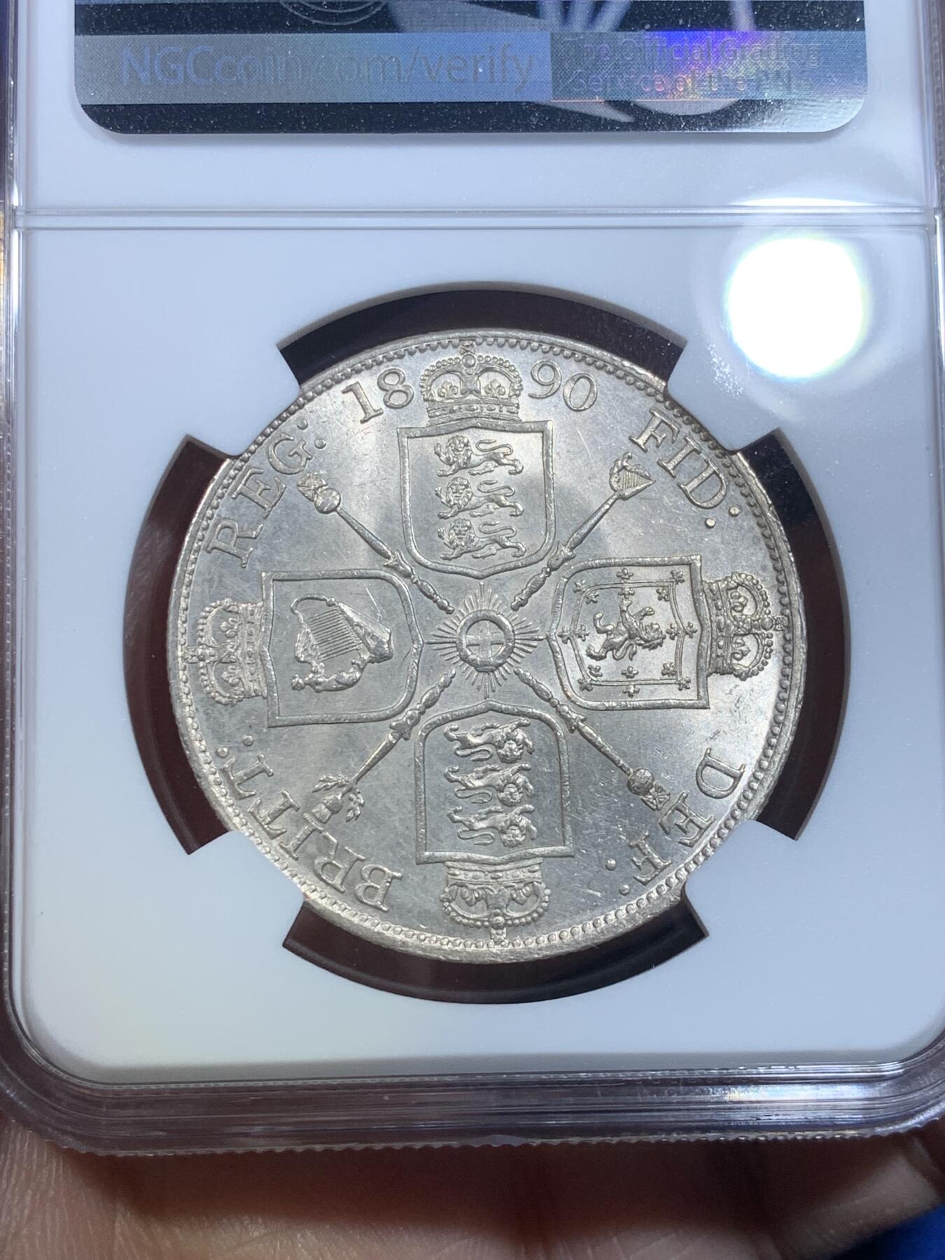 《竞宝斋》第269场- 周日，周一，周二  3场连拍 （全场包邮） NGC MS62 英国1890年维多利亚高冠双弗洛林银币