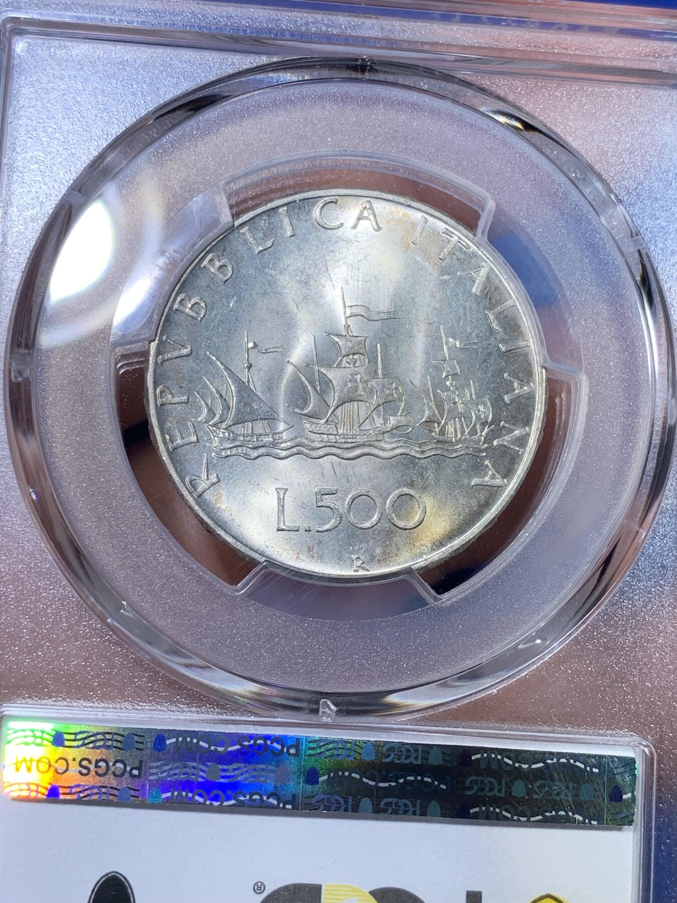 《竞宝斋》第269场- 周日，周一，周二  3场连拍 （全场包邮） PCGS MS65 意大利1966年500里拉人妻帆船银币 单面紫罗兰彩