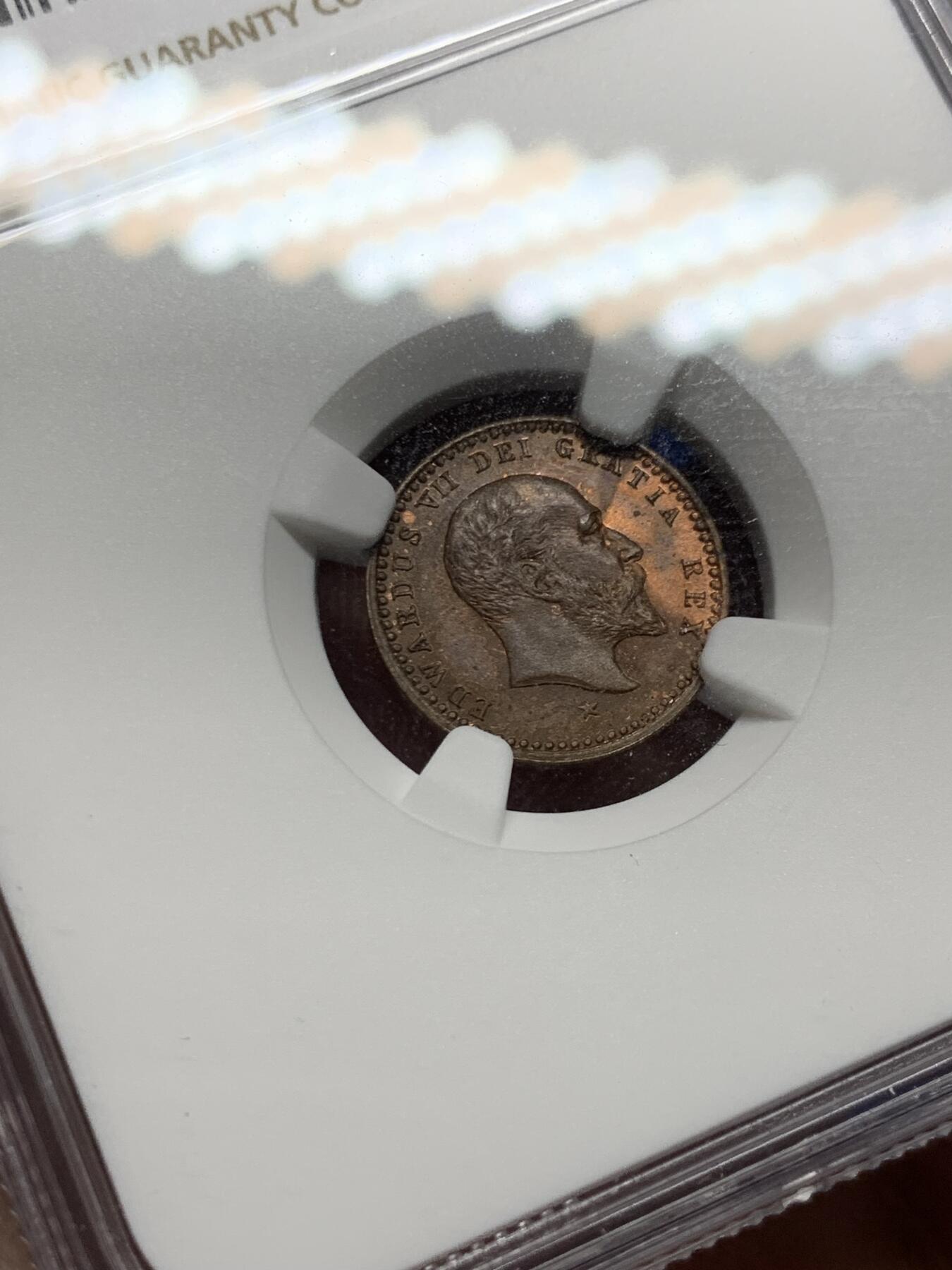 《竞宝斋》第269场- 周日，周一，周二  3场连拍 （全场包邮） NGC MS63BN 英国1902年爱德华七世登基纪念半法新铜币 最小的马剑