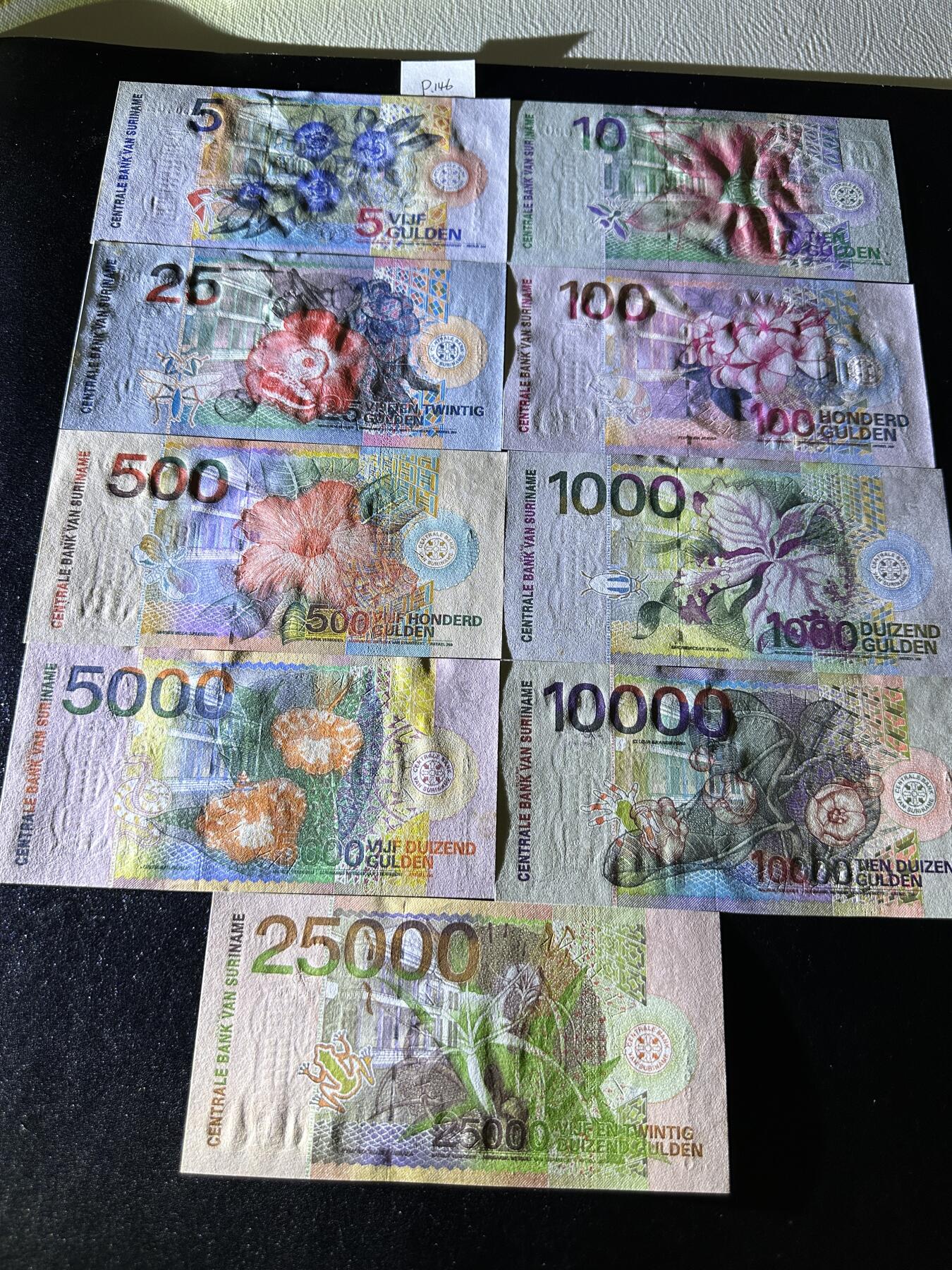 《外钞收藏家》第三百七十期（美洲纸币+其他） 苏里南2000年版套币，5/10/25/100/500/1000/5000/10000/25000盾，9枚难得的全套	P146-154 全新 除了最大面额 其他都有个别黄潮斑 最大面额25000品相好