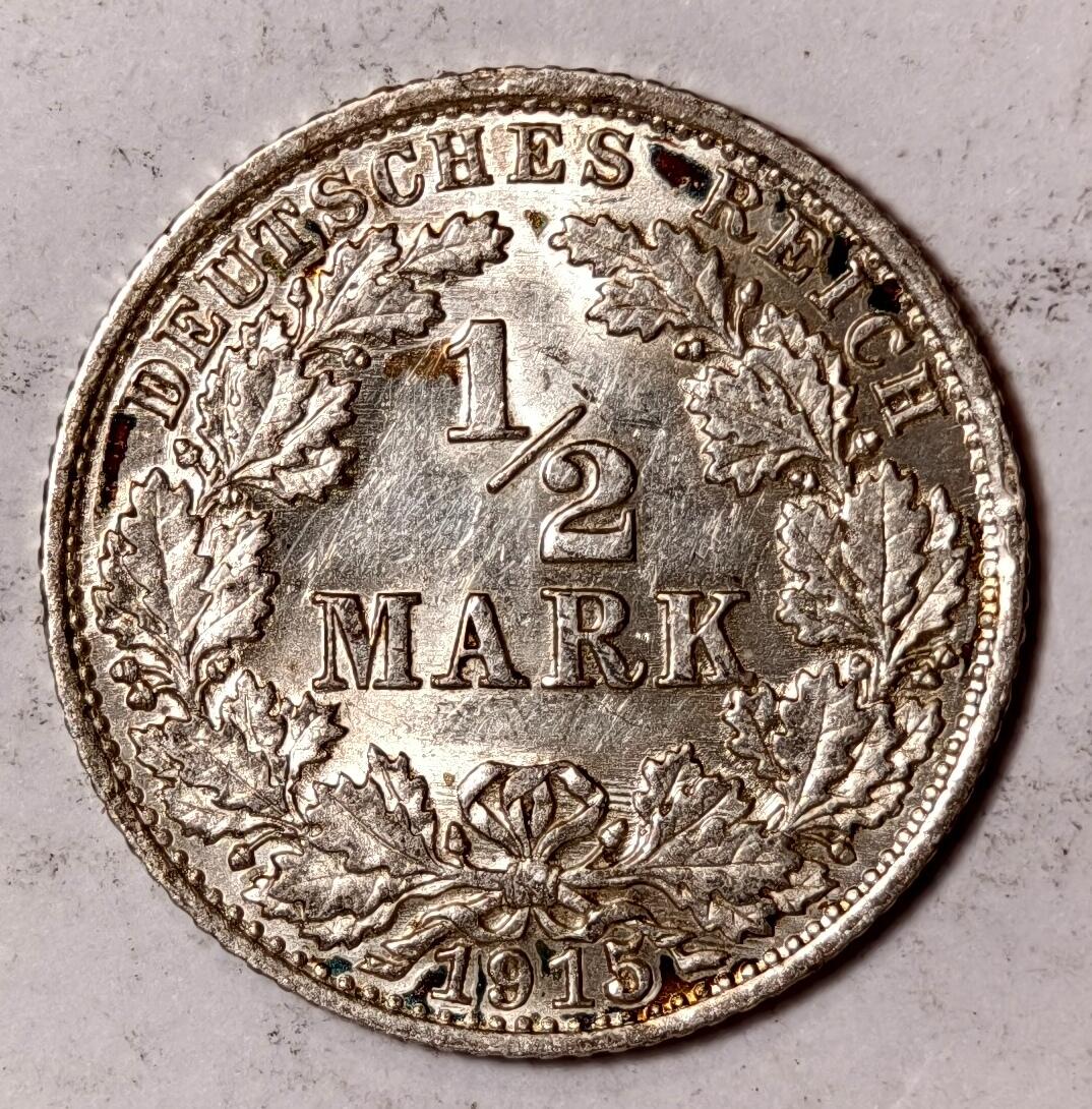 紫瑗钱币——第352期拍卖 德国 1915年 G版 第二帝国 1/2马克 银币 2.77克 0.9银 UNC 