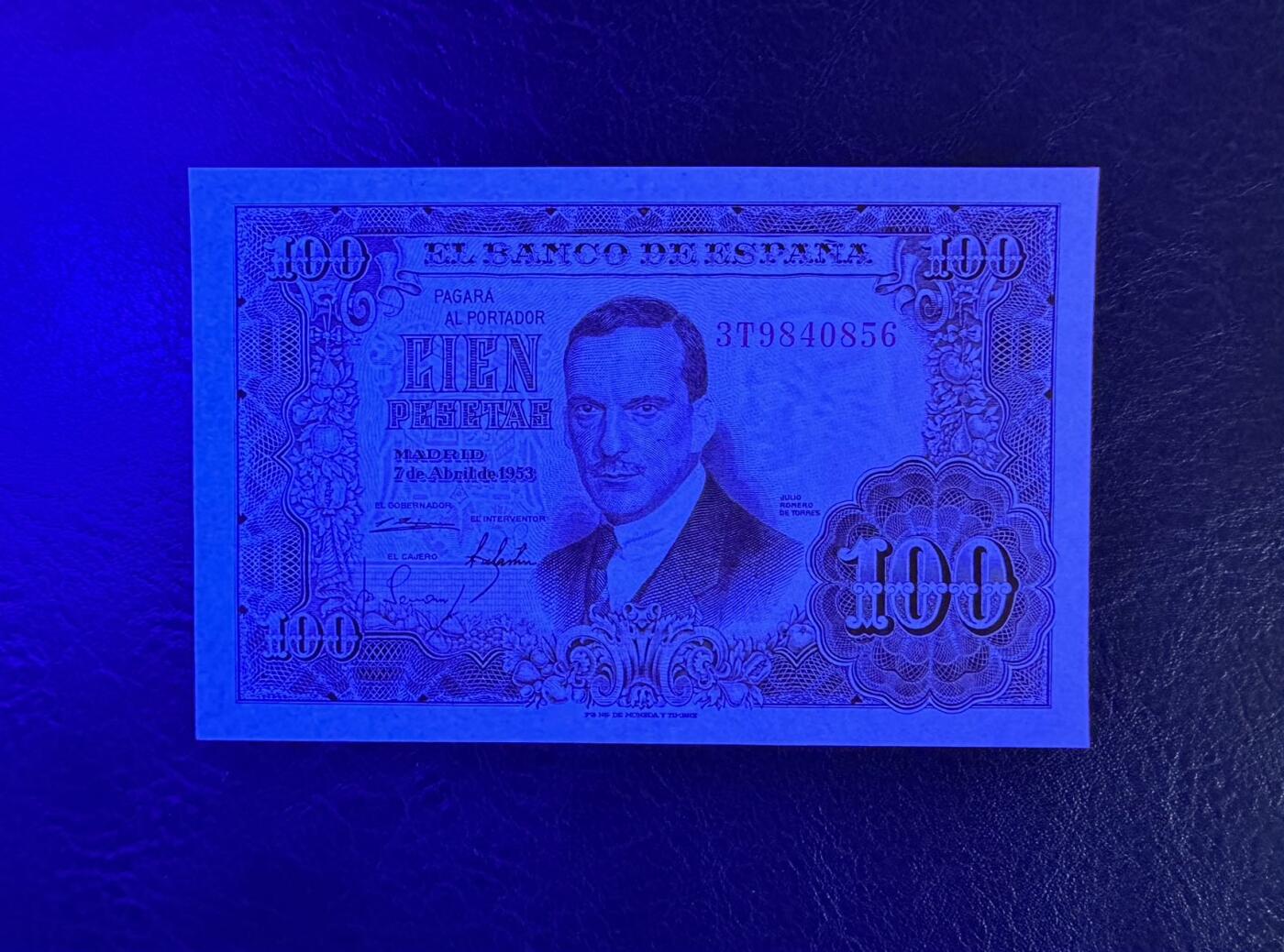 收藏联盟Quantum Auction 第347期拍卖  西班牙1955年100比塞塔 品相UNC 水印处轻微点钞痕  名模冈萨雷斯画像