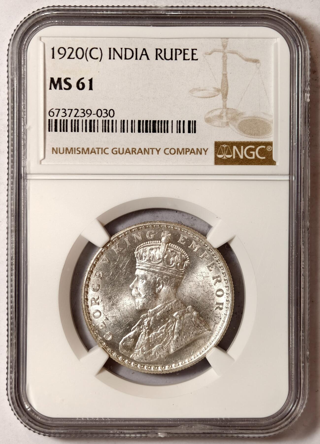 紫瑗钱币——第352期拍卖 英属印度 C版 1920年 B版 乔治五世 1卢比 银币 NGC MS61