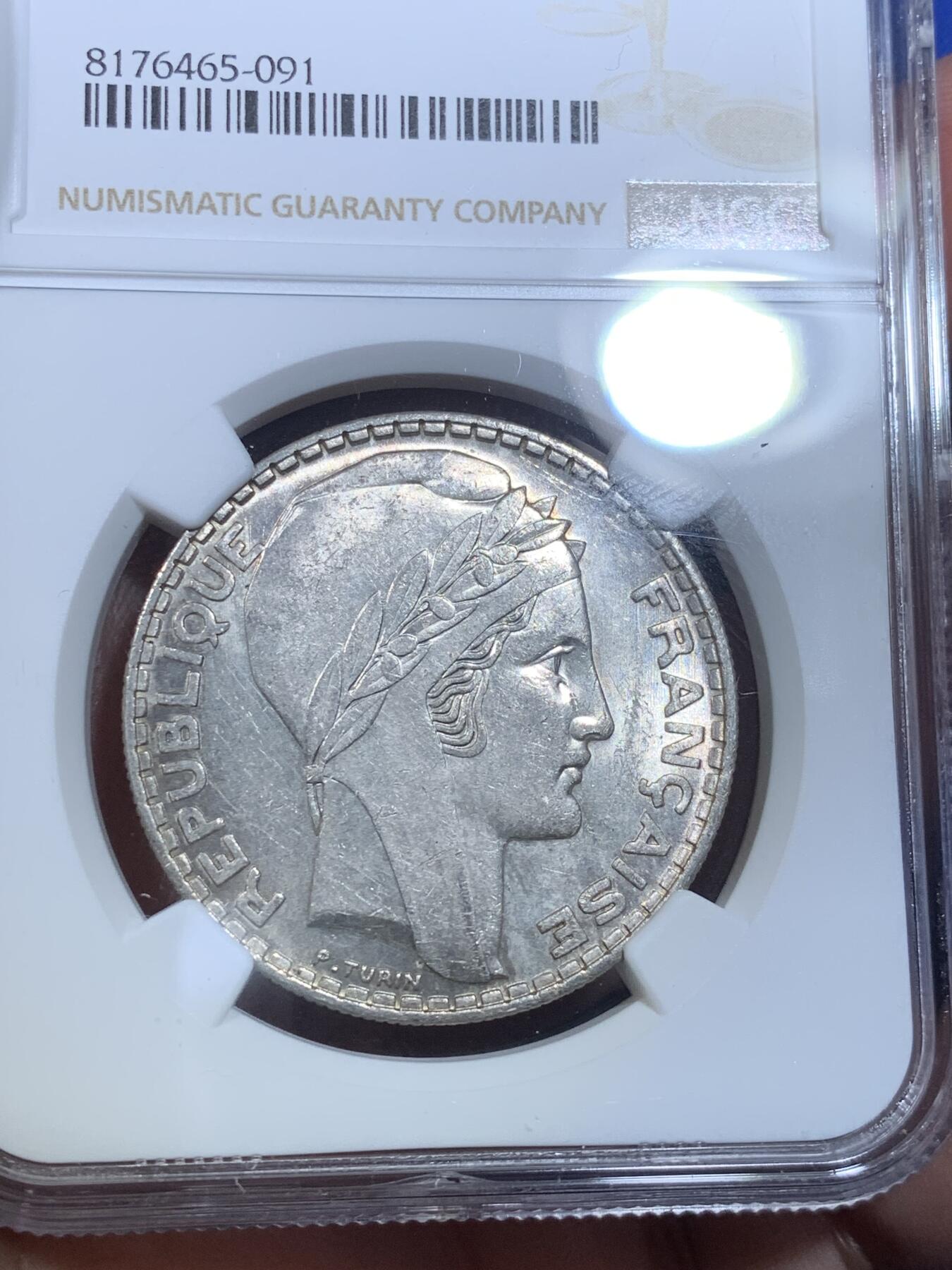 《竞宝斋》第269场- 周日，周一，周二  3场连拍 （全场包邮） NGC MS62 法国1938年谷物女神20法郎银币