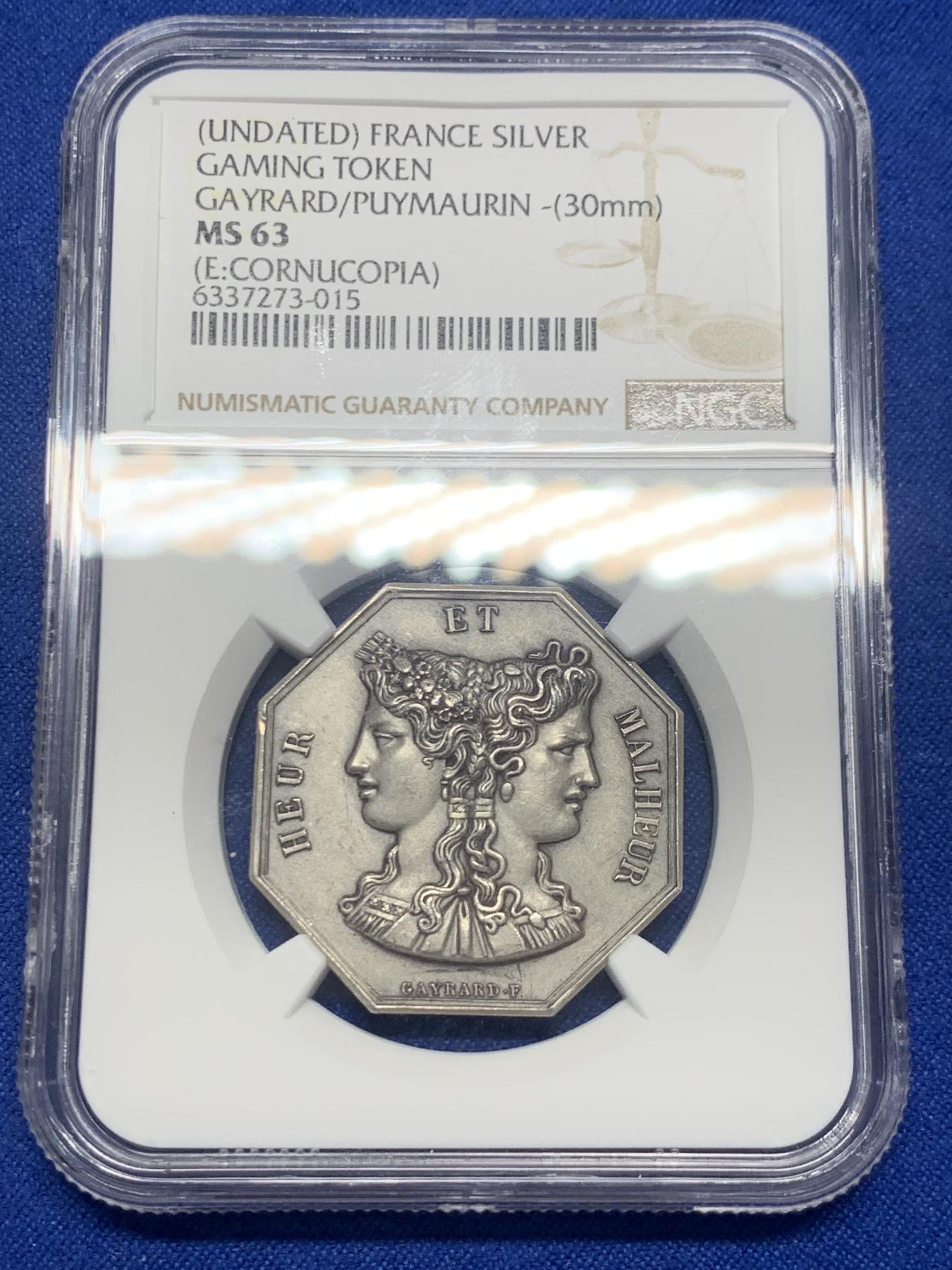 《竞宝斋》第271场-八角与章专场 周日，周一，周二  3场连拍 （全场包邮） NGC-MS63 法国爱情题材双面神八角银章，谚语：没有不带刺的玫瑰（也没有没有烦恼的爱情）