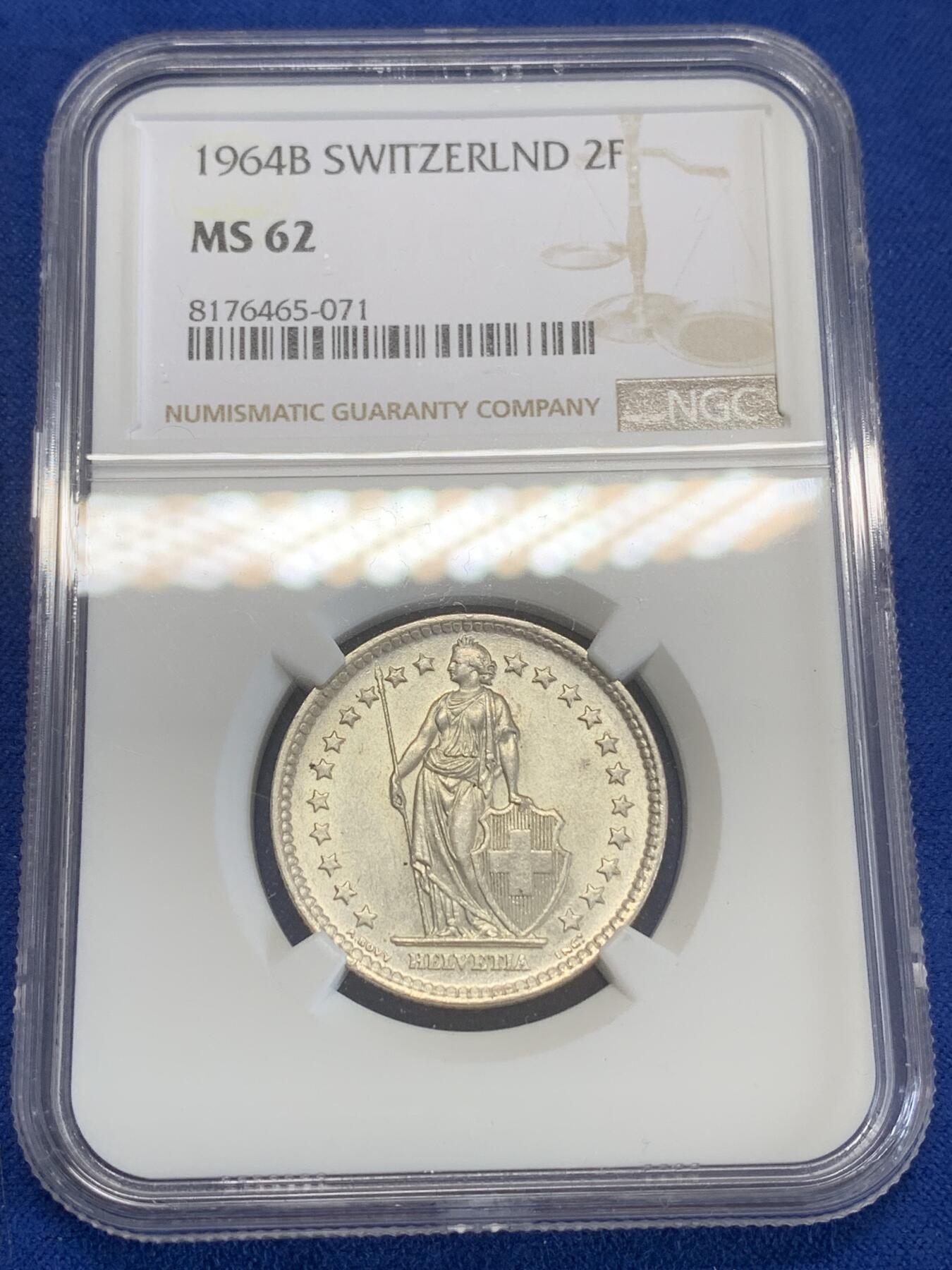《竞宝斋》第270场- 周日，周一，周二  3场连拍 （全场包邮） NGC MS62 瑞士 1964年 雪山女神赫尔维蒂亚 2法郎 银币