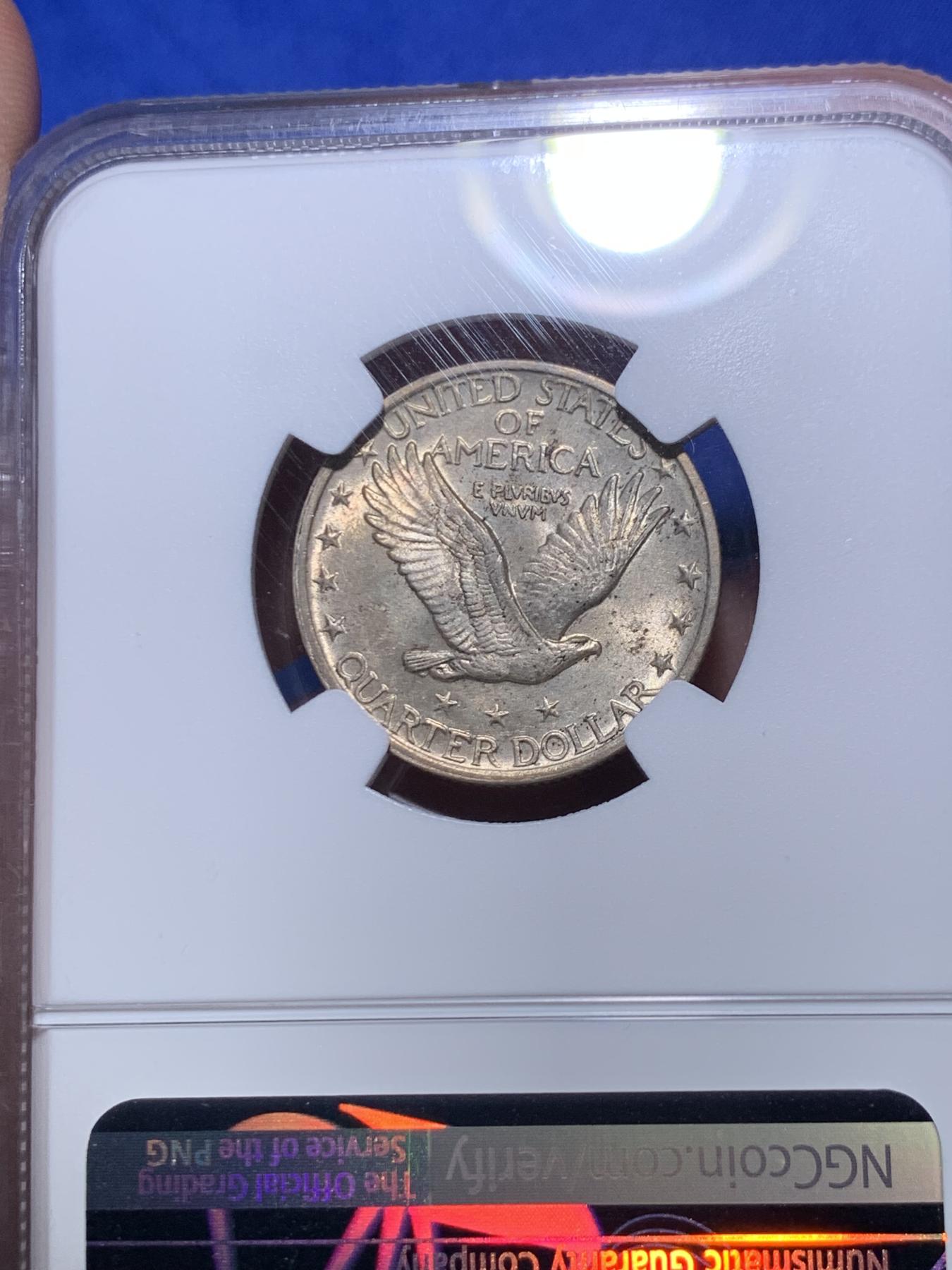 《竞宝斋》第270场- 周日，周一，周二  3场连拍 （全场包邮） NGC MS63 美国1920年站立女神25美分银币 美国近现代铸币的代表性品种，设计经典让人念念不忘以至在2016年作为25分的优质设计复刻了金质版。全脸细节 好打制 币面光晕流转，高点完好不见磨损，对于这个品种来说非常难或许应该给FH的状态。