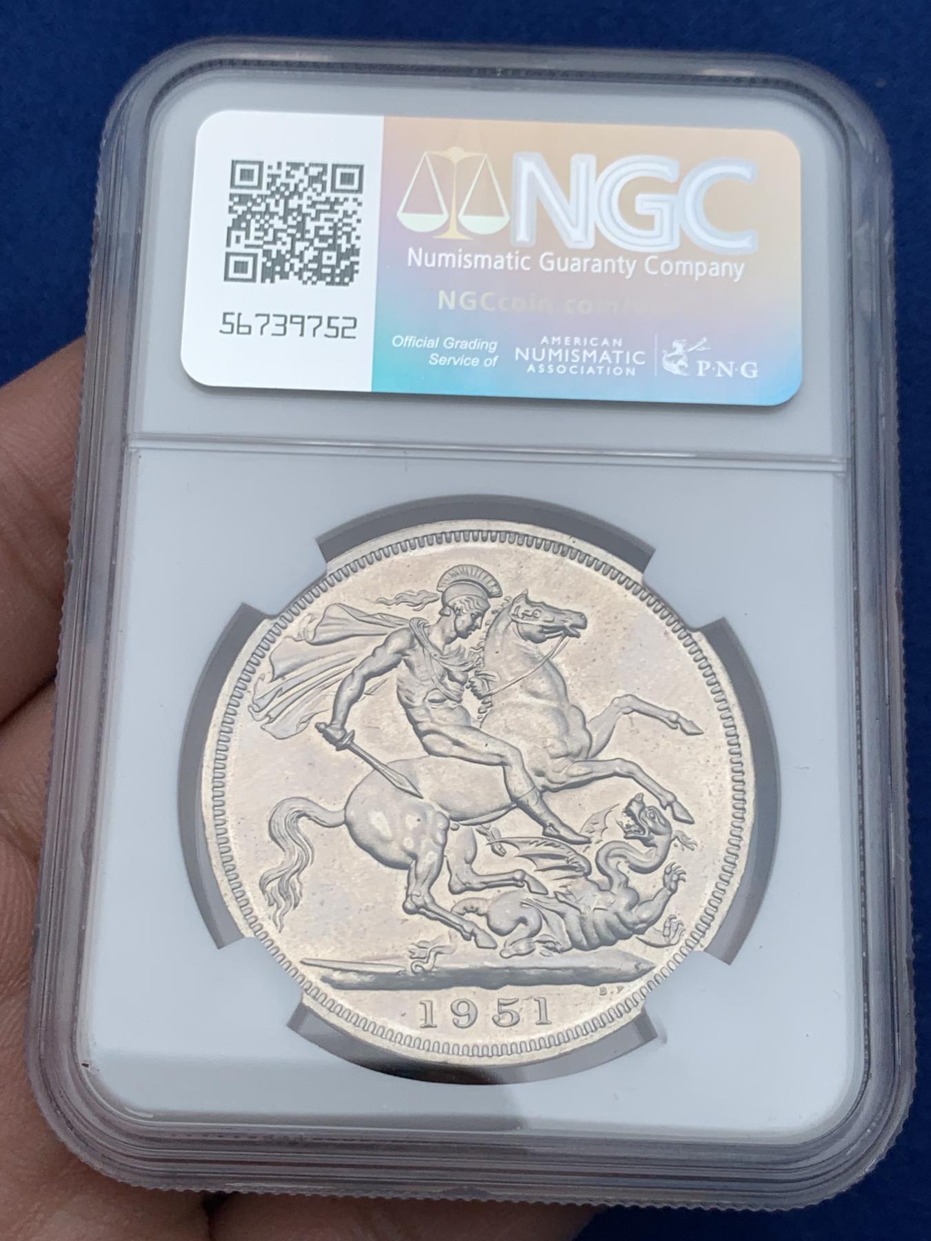 《竞宝斋》第270场- 周日，周一，周二  3场连拍 （全场包邮） NGC PL63 英国1951年乔治六世1克朗镍马剑 状态不错