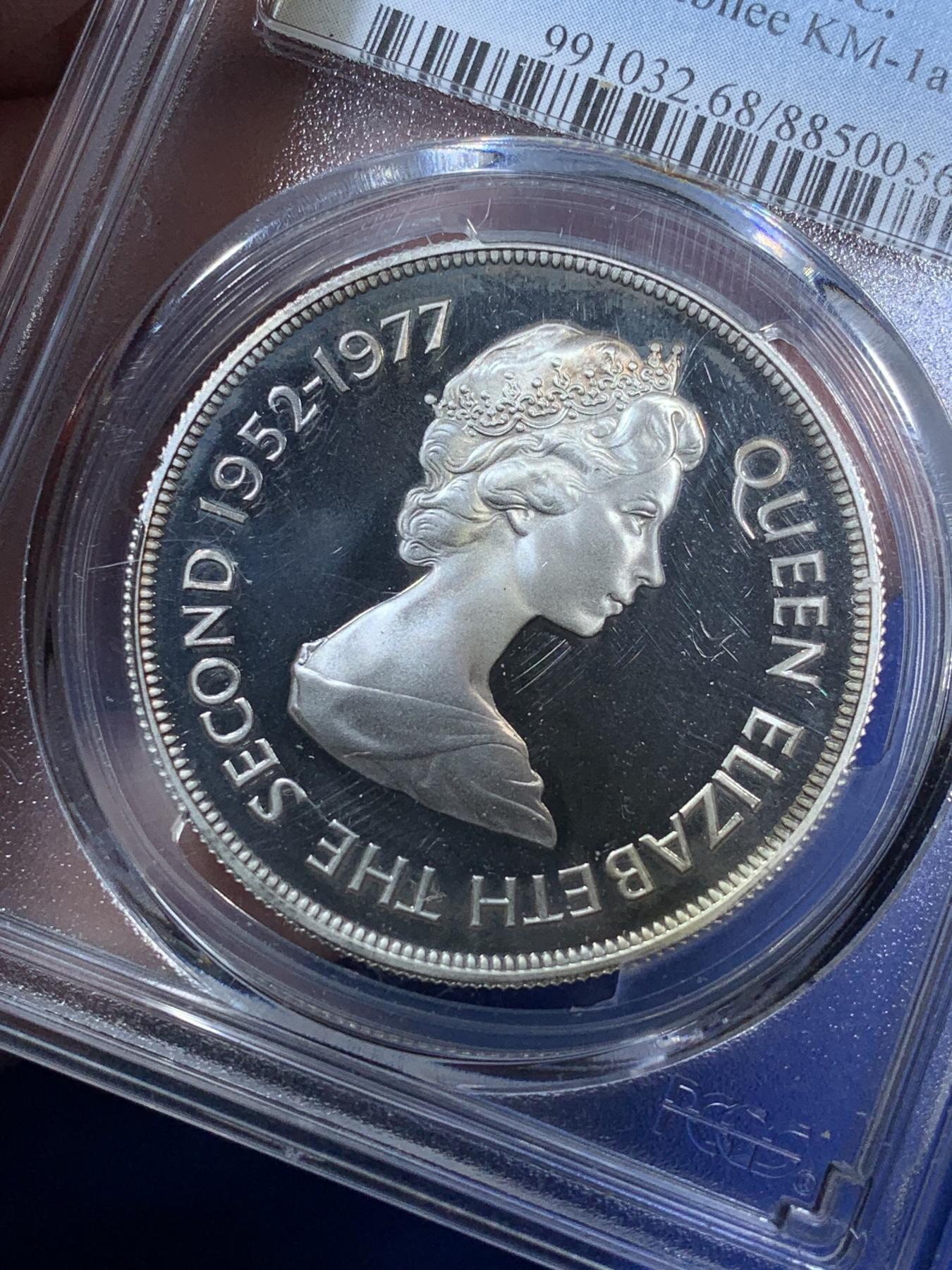 《竞宝斋》第270场- 周日，周一，周二  3场连拍 （全场包邮） PCGS PR68DCAM 英属特里斯坦达库尼亚 1977年 伊丽莎白二世登基25周年 25P 银币