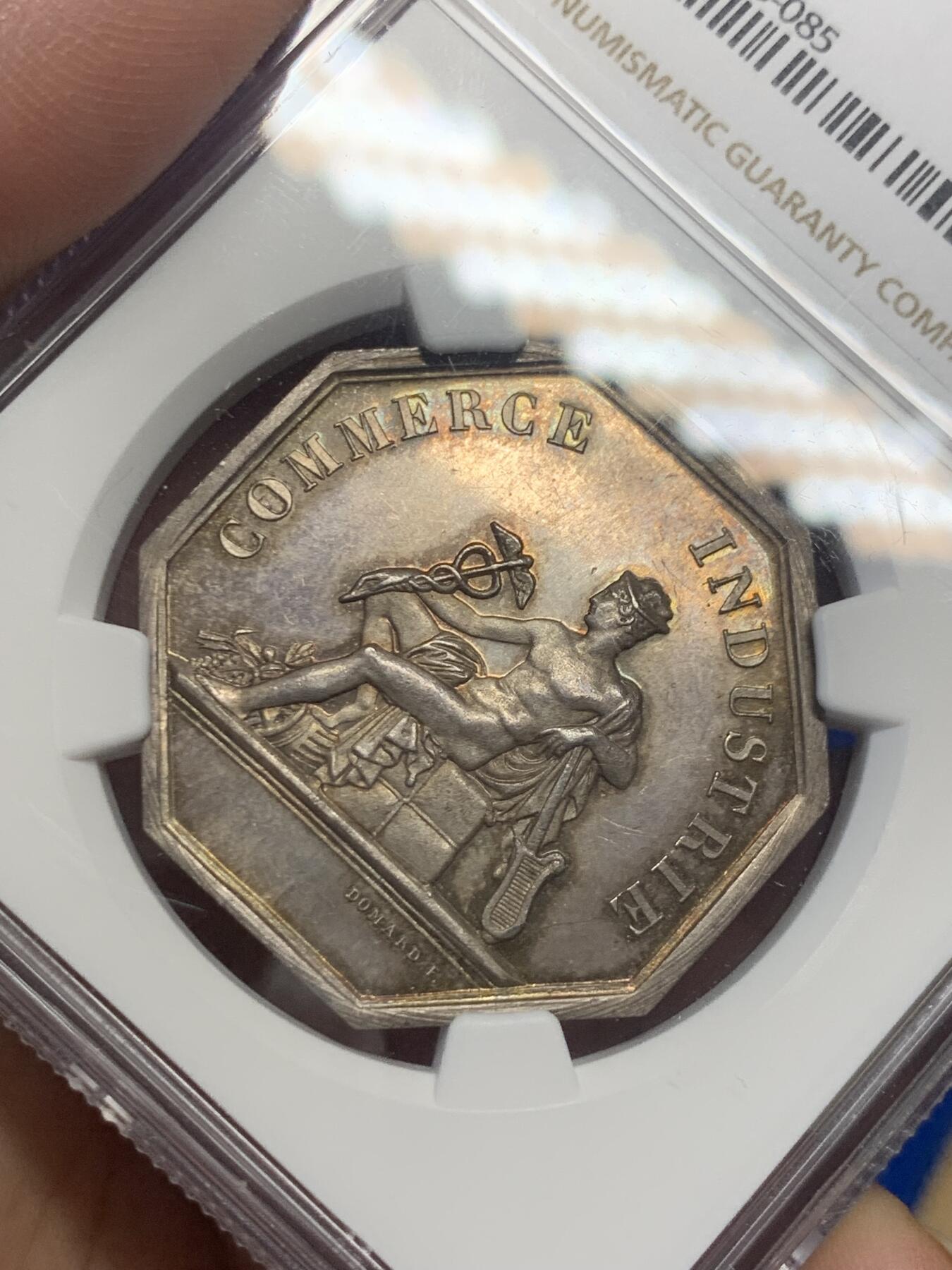 《竞宝斋》第271场-八角与章专场 周日，周一，周二  3场连拍 （全场包邮） NGC MS63 法国1860年化学工业商业八角银章，商业之神墨丘利，蜜蜂边铭