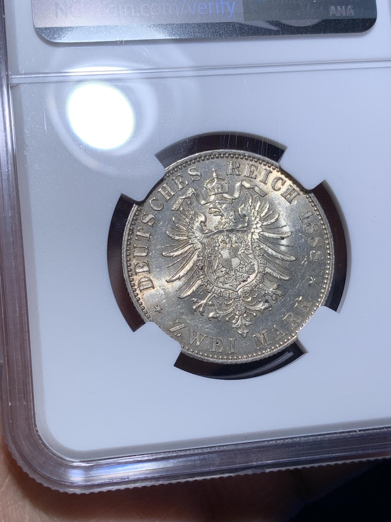 《竞宝斋》第270场- 周日，周一，周二  3场连拍 （全场包邮） NGC MS62 德意志帝国 1888年 2马克 银币