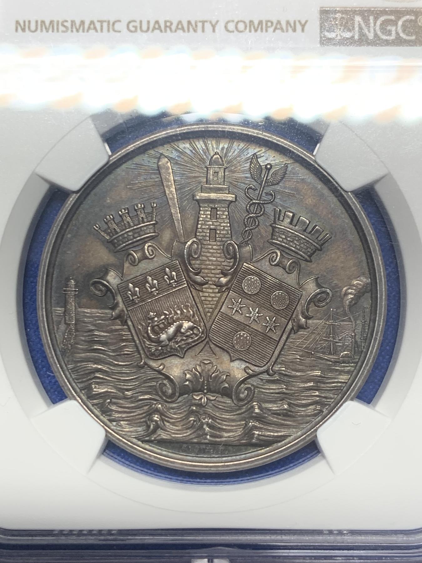 《竞宝斋》第271场-八角与章专场 周日，周一，周二  3场连拍 （全场包邮） NGC-MS64 法国1856年从勒阿弗尔到瑟堡的蒸汽轮船公司银质代币，两个地区的盾徽，手指边铭