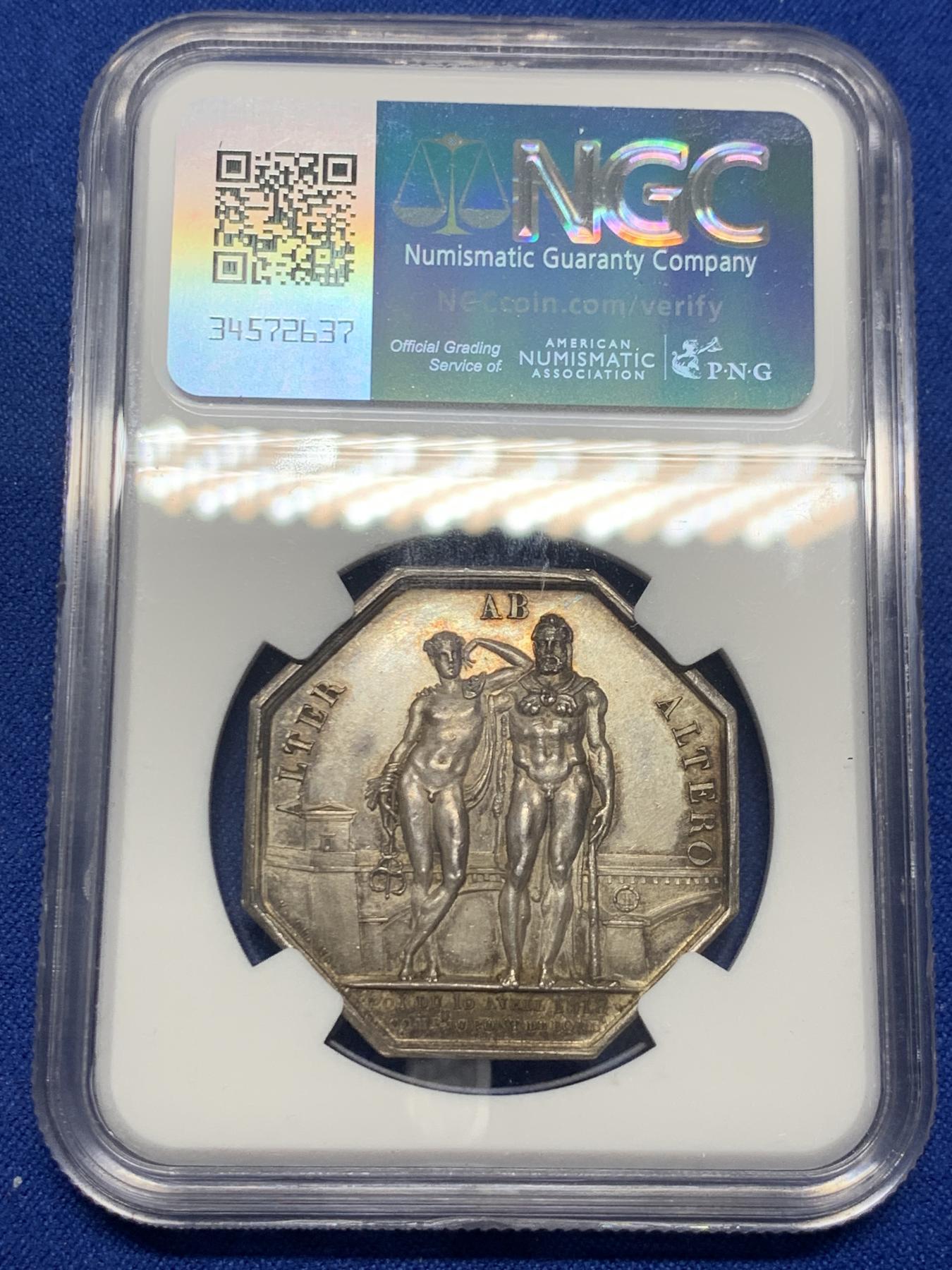 《竞宝斋》第271场-八角与章专场 周日，周一，周二  3场连拍 （全场包邮） NGC-MS61 法国路易十八波尔多石桥八角银质jeton，大力神赫拉克勒斯和商业之神赫尔墨斯