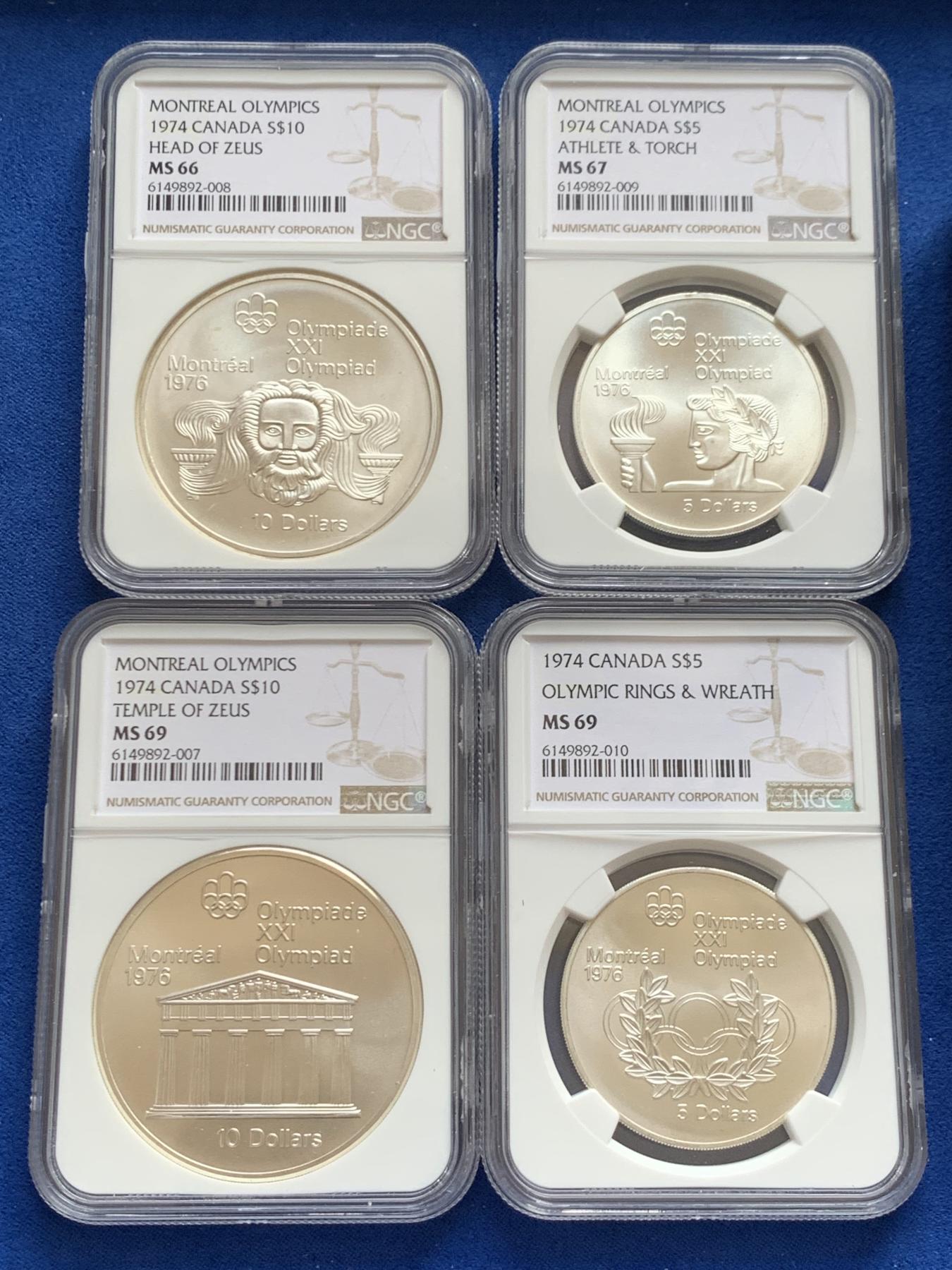 《竞宝斋》第270场- 周日，周一，周二  3场连拍 （全场包邮） 4枚一组 NGC MS66-69 加拿大1974年蒙特利尔奥运会纪念银币 全部为克朗型大银币 925银 合计重量144克 有原盒 少见品种