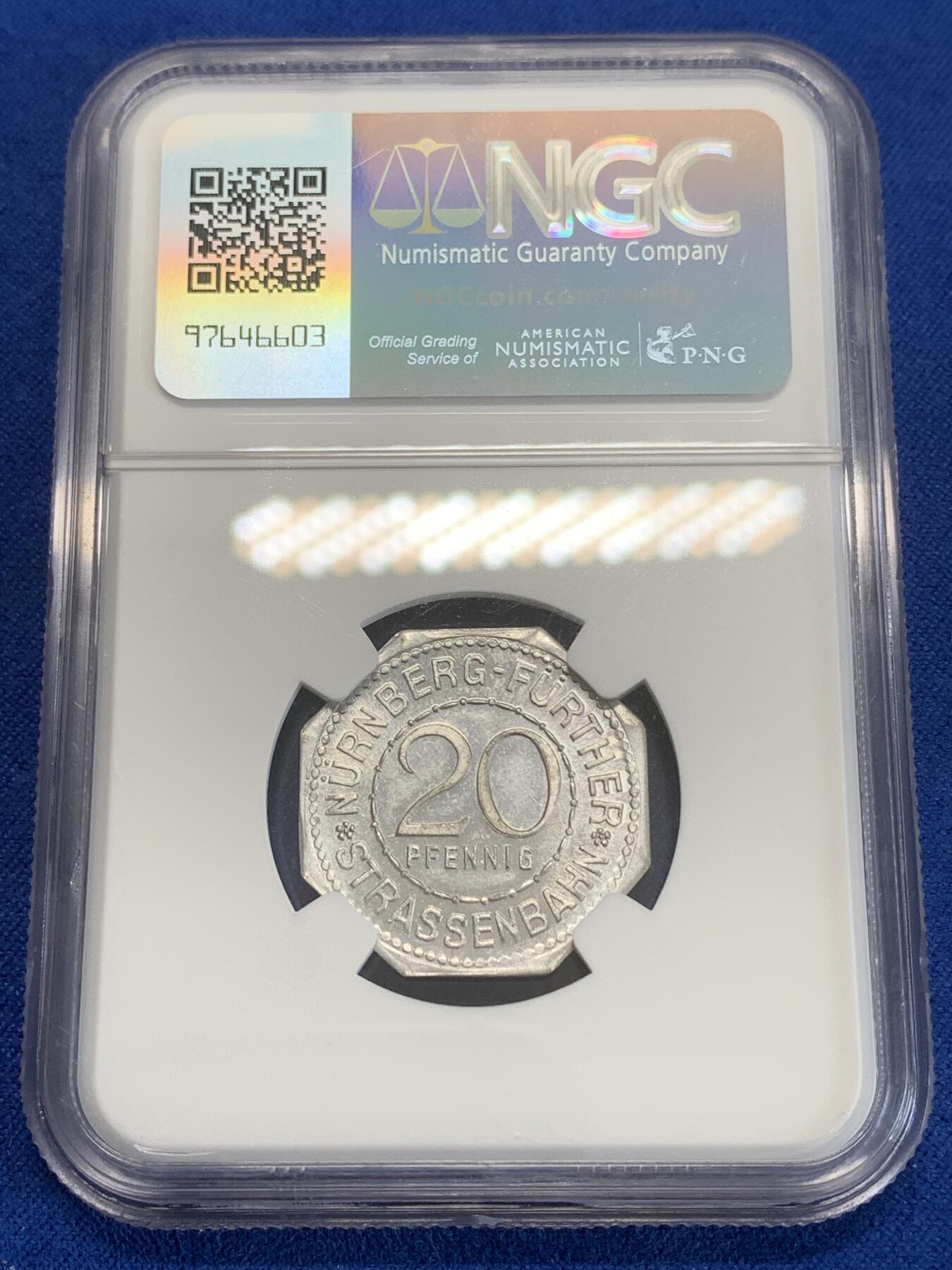 《竞宝斋》第270场- 周日，周一，周二  3场连拍 （全场包邮） NGC MS62 德国德紧纽伦堡电车代用币20芬尼八角币