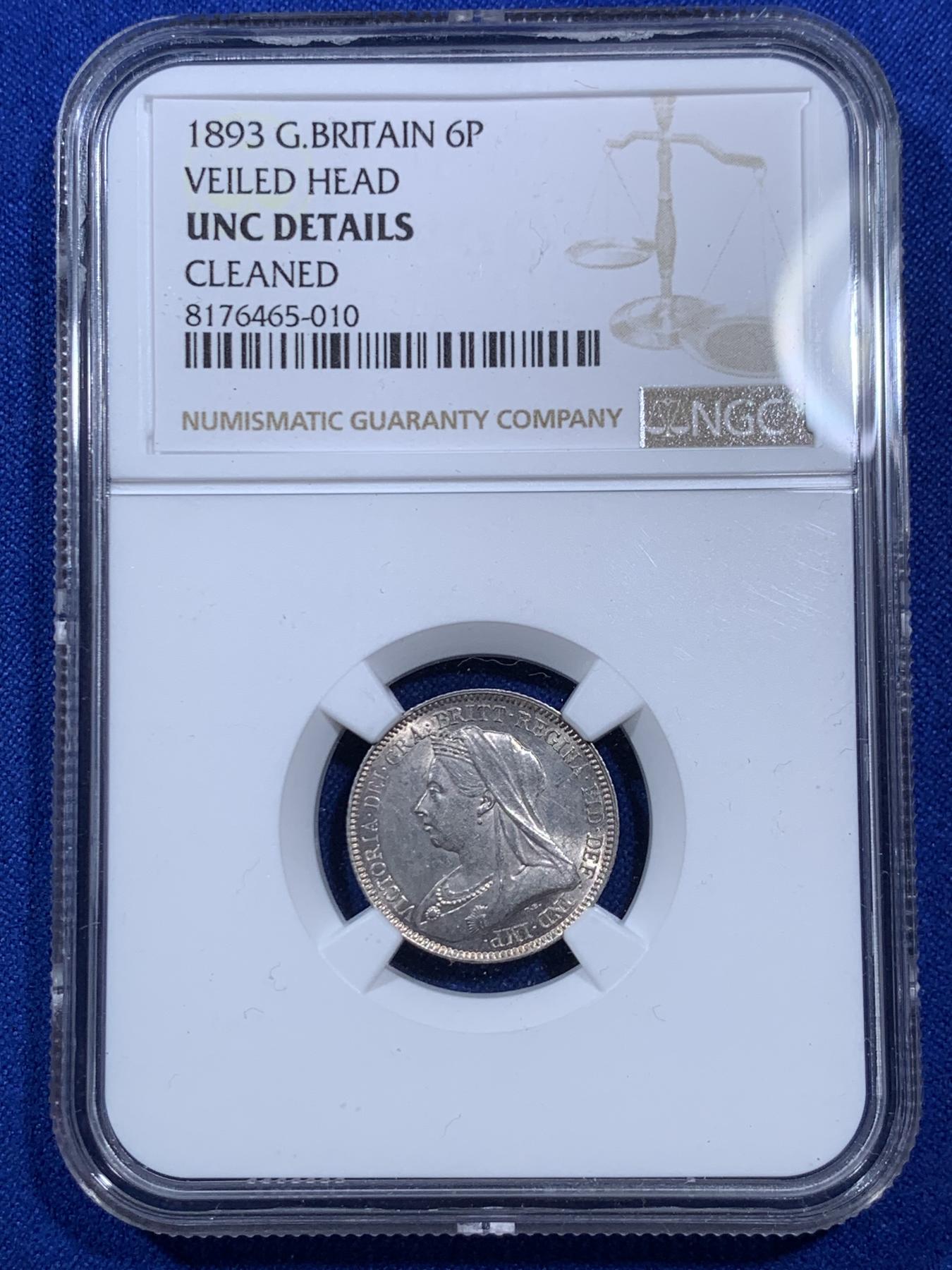 《竞宝斋》第270场- 周日，周一，周二  3场连拍 （全场包邮） NGC UNCD 英国 1893年 维多利亚 批纱版 6便士 银币