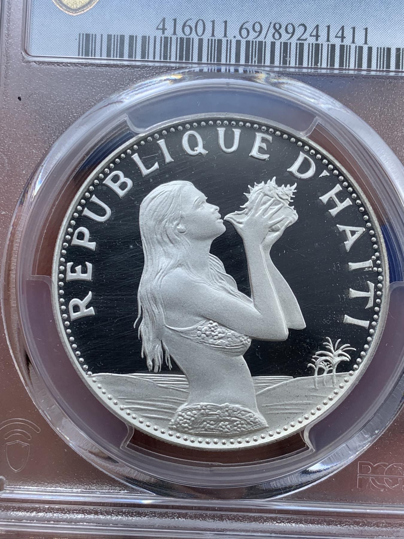 《竞宝斋》第270场- 周日，周一，周二  3场连拍 （全场包邮） PCGS金盾 PR69DCAM 海地1973年吹海螺的小妹妹50古德精制银币