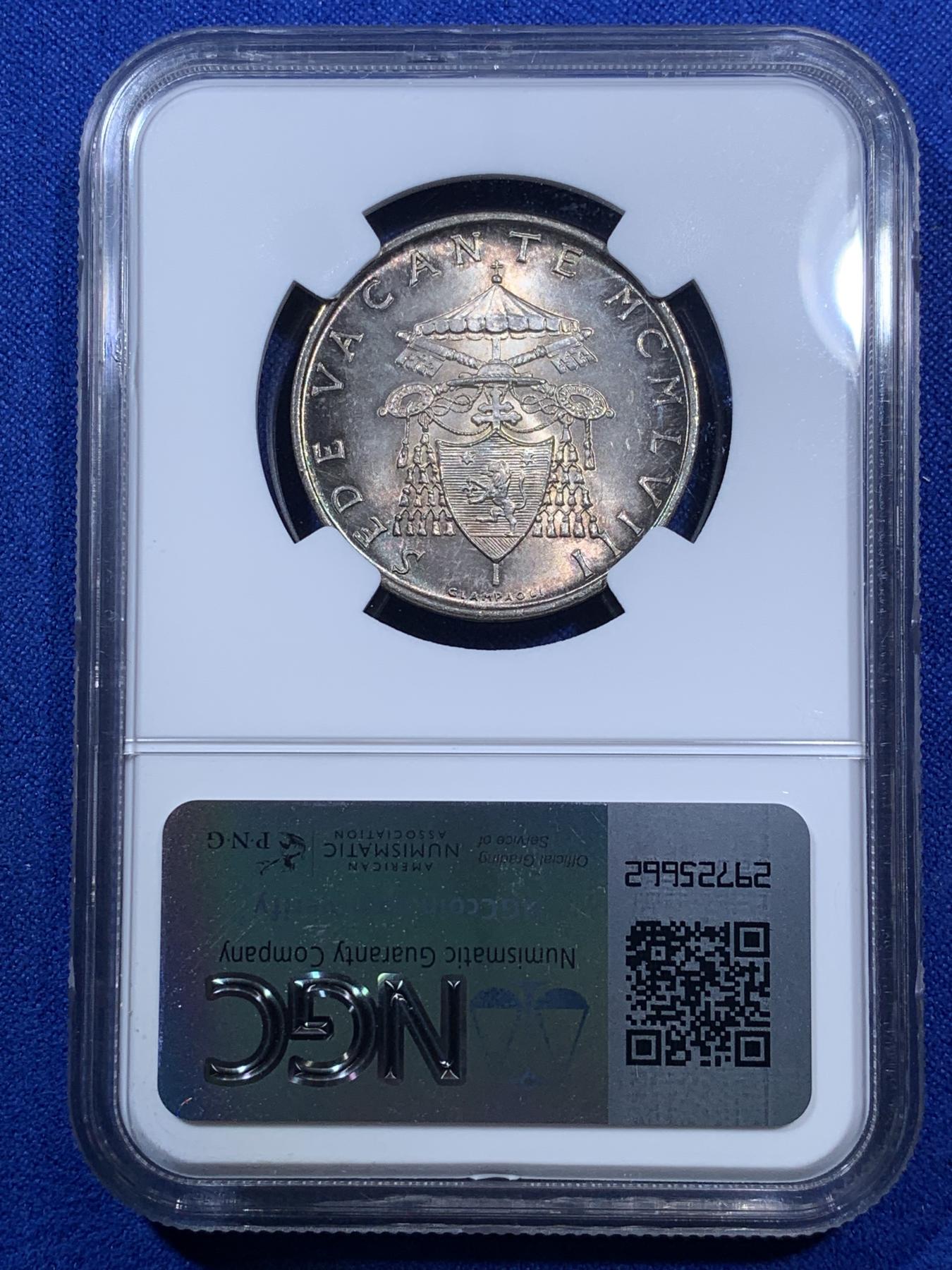 《竞宝斋》第270场- 周日，周一，周二  3场连拍 （全场包邮） NGC MS64 梵蒂冈1958年教皇缺位500里拉银币