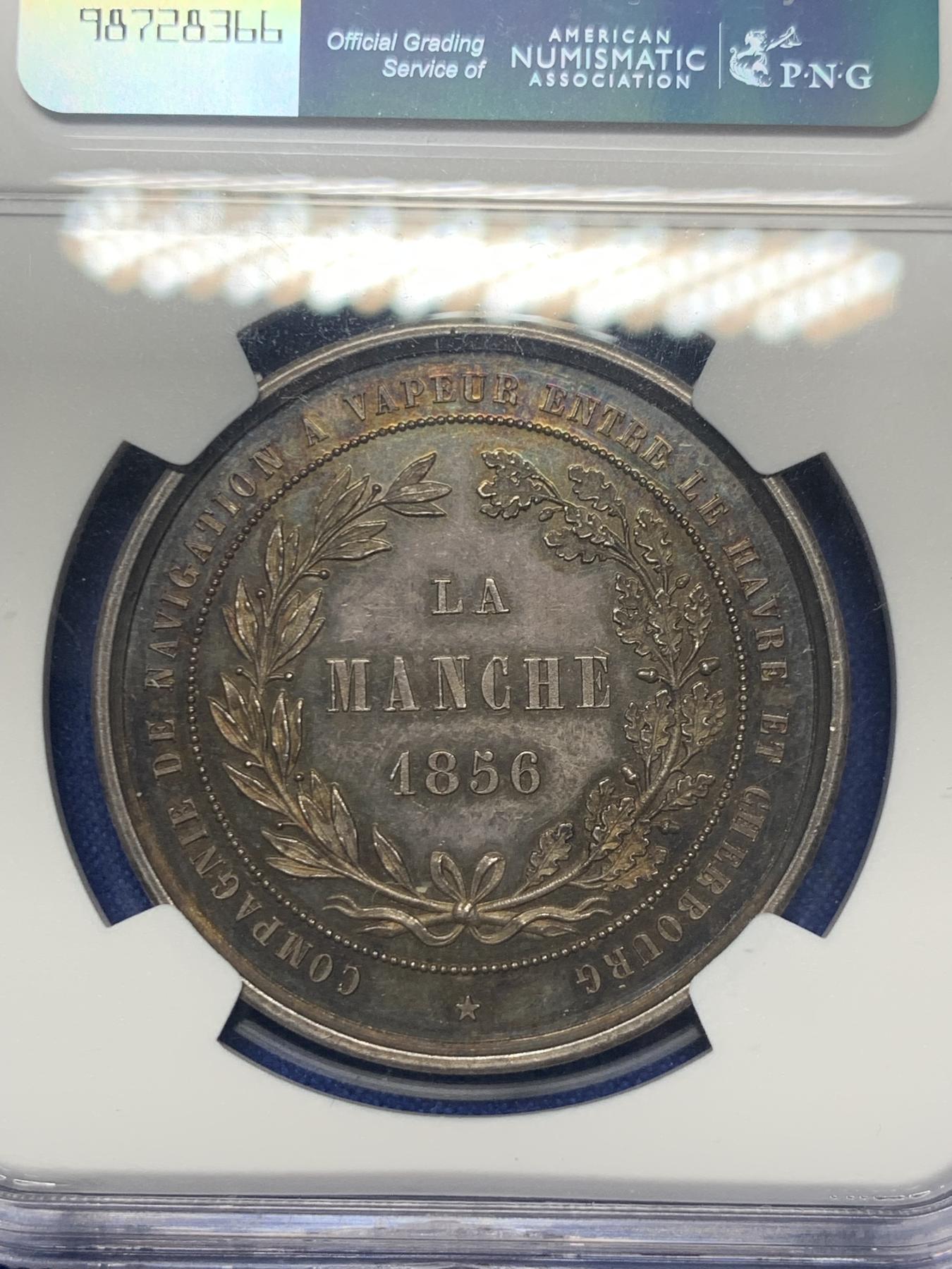 《竞宝斋》第271场-八角与章专场 周日，周一，周二  3场连拍 （全场包邮） NGC-MS64 法国1856年从勒阿弗尔到瑟堡的蒸汽轮船公司银质代币，两个地区的盾徽，手指边铭