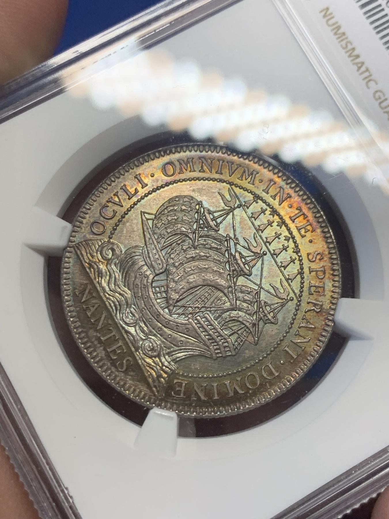 《竞宝斋》第271场-八角与章专场 周日，周一，周二  3场连拍 （全场包邮） NGC-MS64 法国南特商会银质jeton，极美五彩包浆