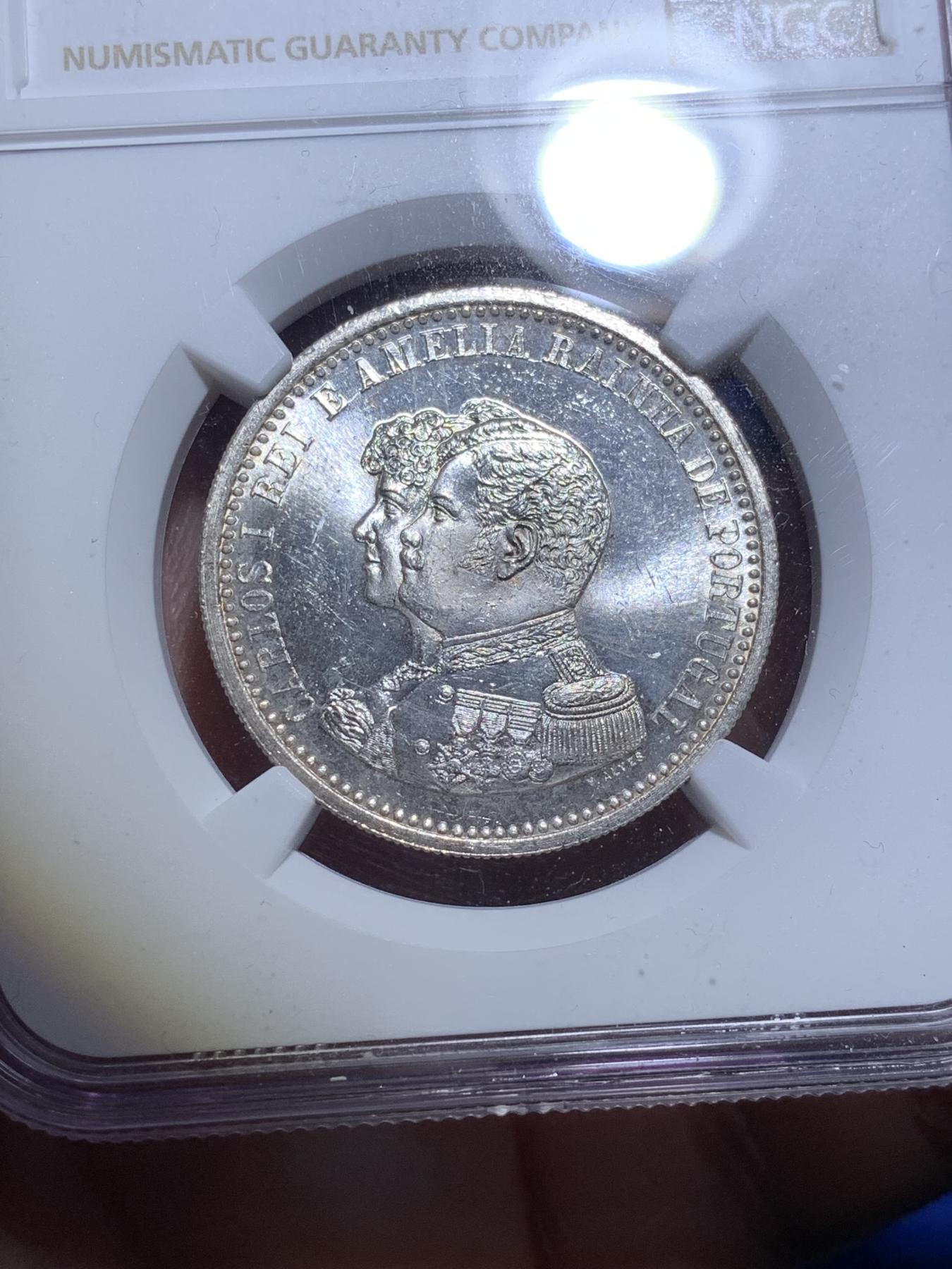 《竞宝斋》第270场- 周日，周一，周二  3场连拍 （全场包邮） NGC MS62 葡萄牙 1898年 发现印度400周年 500瑞斯 银币