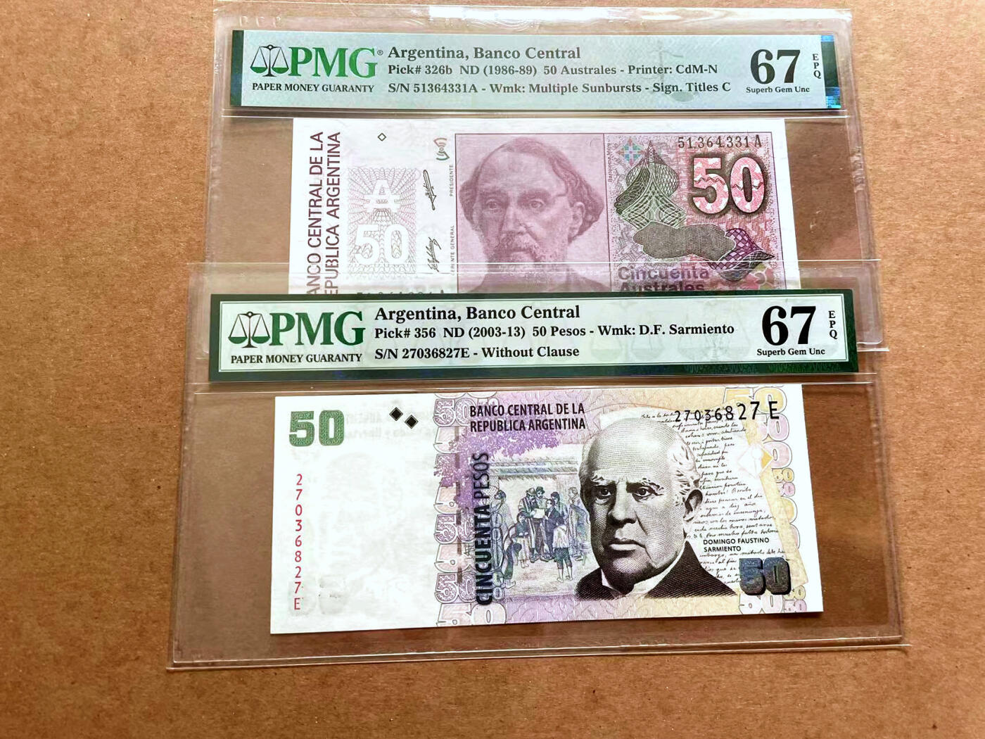 【Blue Auction】✨世界纸币精拍第479期【精】 【一组2张】阿根廷 1986-2013年50Australes/50比索  PMG67EPQ 高分