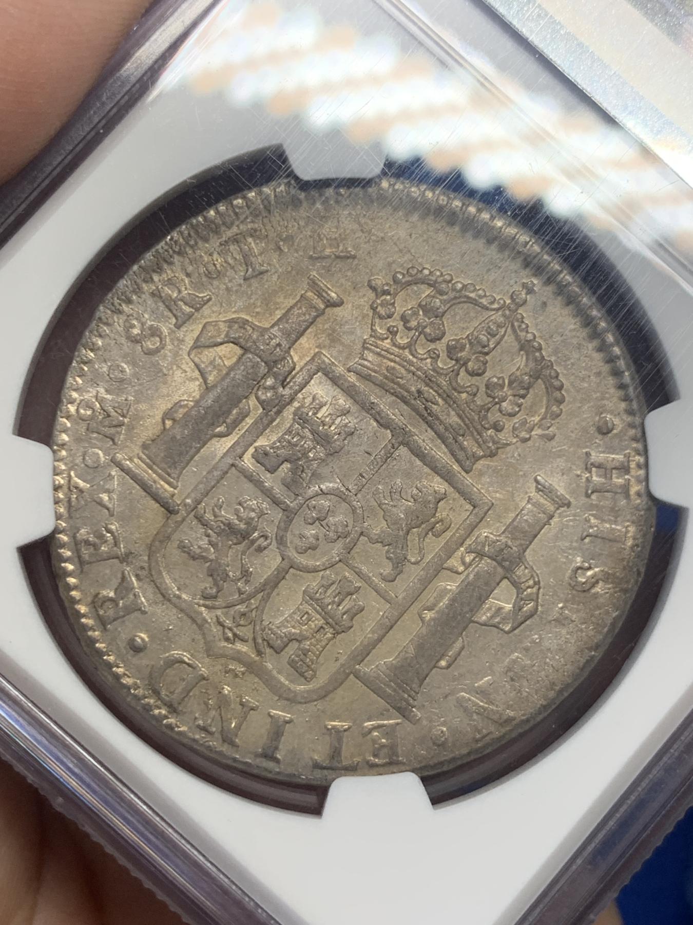 《竞宝斋》第270场- 周日，周一，周二  3场连拍 （全场包邮） NGC AU53 西属墨西哥1808年卡洛斯四世双柱 压印清晰 底板带光 AU佳品