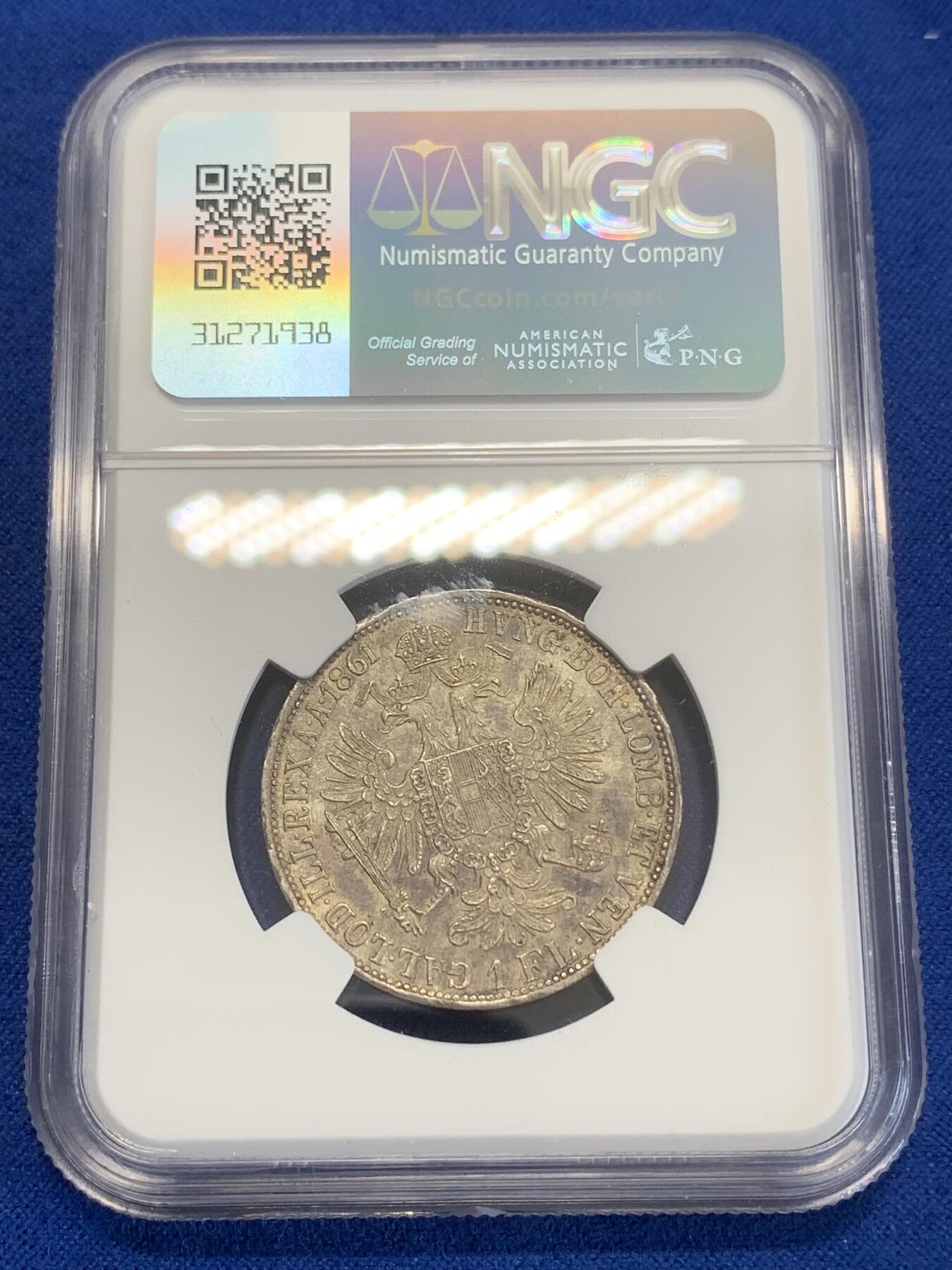 《竞宝斋》第270场- 周日，周一，周二  3场连拍 （全场包邮） NGC MS62 奥地利1861年弗朗西斯·约瑟夫一世年轻头像1弗洛林银币