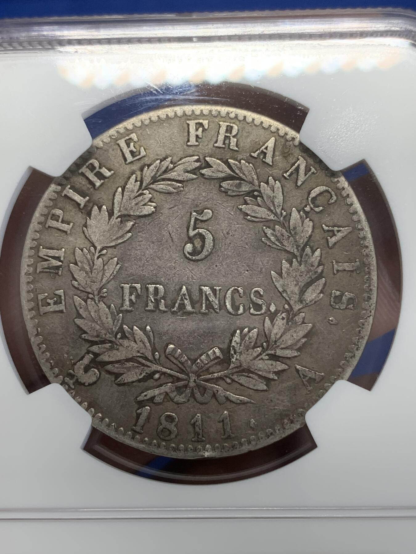 《竞宝斋》第270场- 周日，周一，周二  3场连拍 （全场包邮） NGC XF40 法国1811拿破仑一世5法郎银币