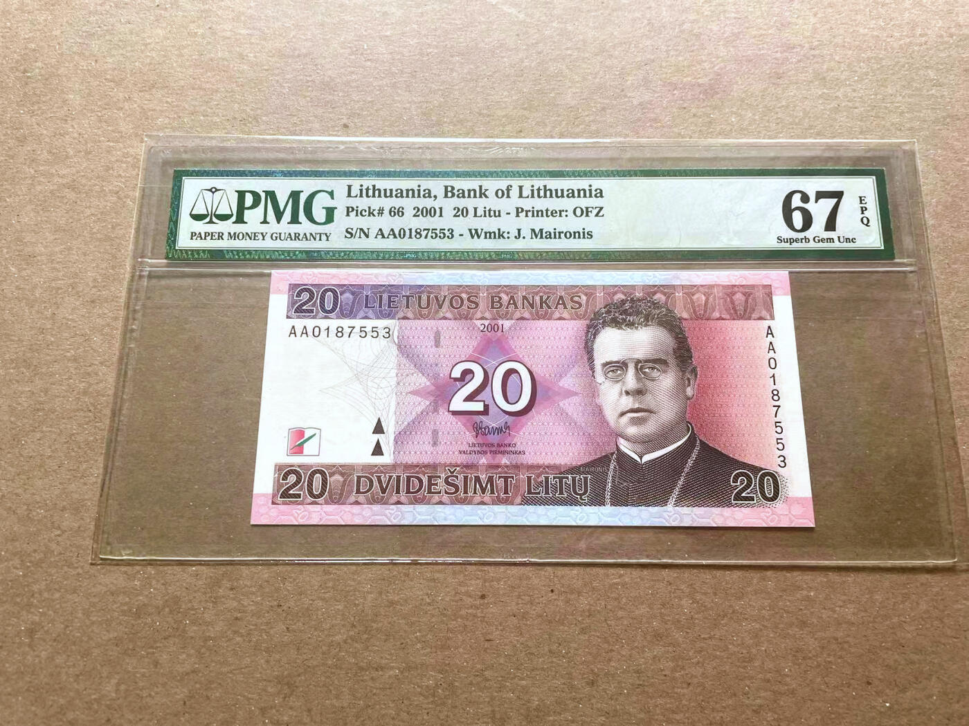 【Blue Auction】✨世界纸币精拍第479期【精】 【AA】立陶宛 2001年20立特  PMG67EPQ 高分