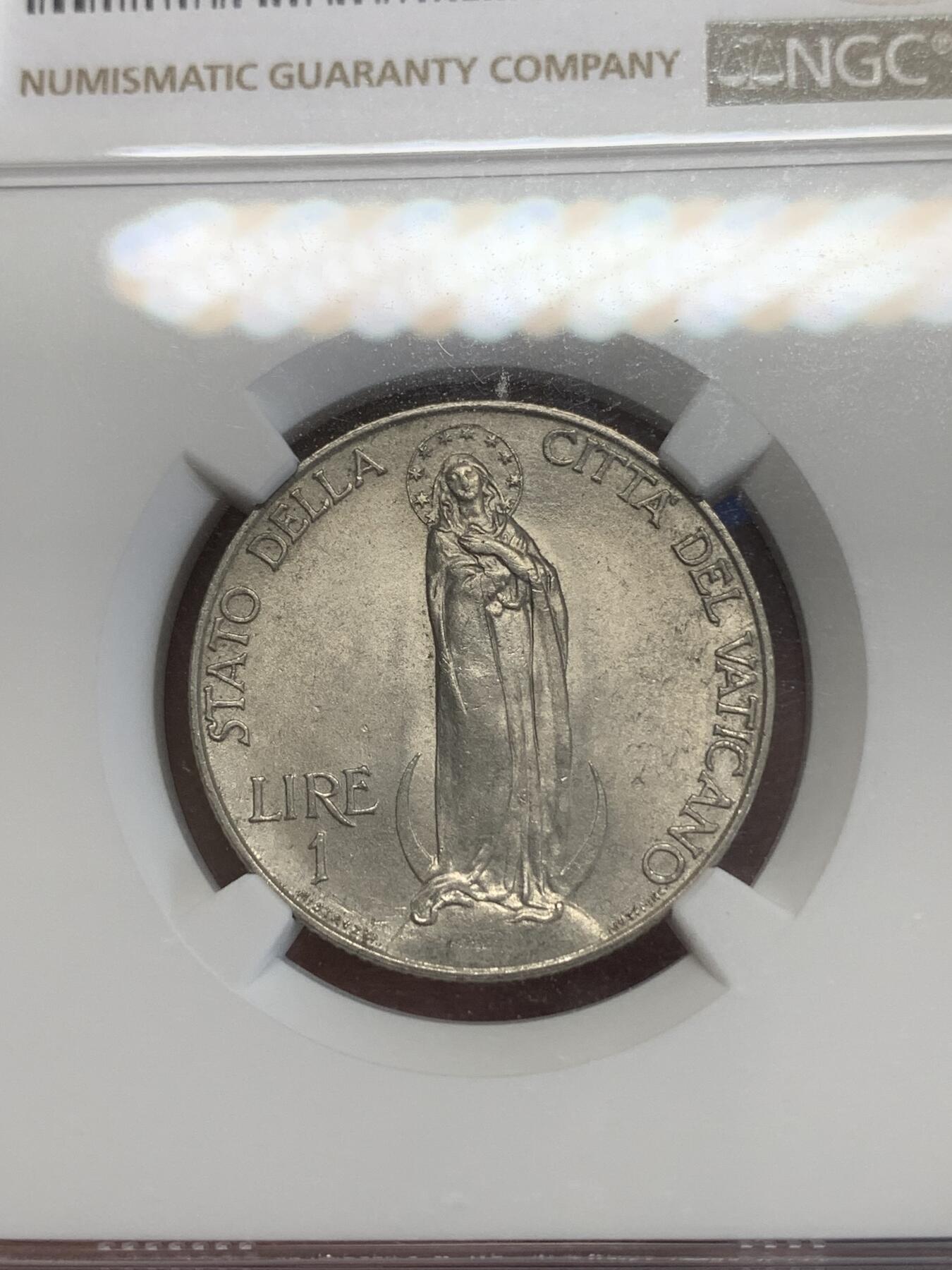 《竞宝斋》第270场- 周日，周一，周二  3场连拍 （全场包邮） NGC MS63 梵蒂冈 1936年 圣母像1里拉 意式美学典范