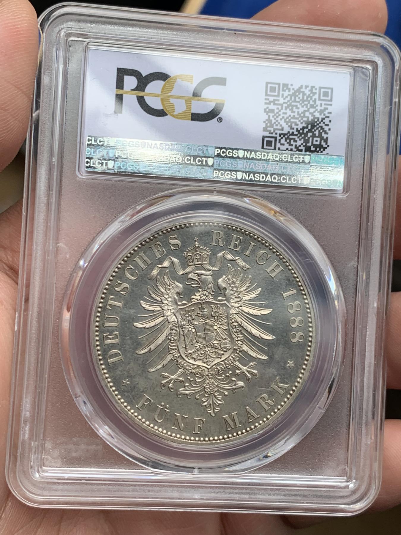《竞宝斋》第270场- 周日，周一，周二  3场连拍 （全场包邮） PCGS PR62 德国 1888年 弗里德里希三世 德意志皇帝与普鲁士国王 精制版 5马克 大银币 如镜底面 非常的漂亮