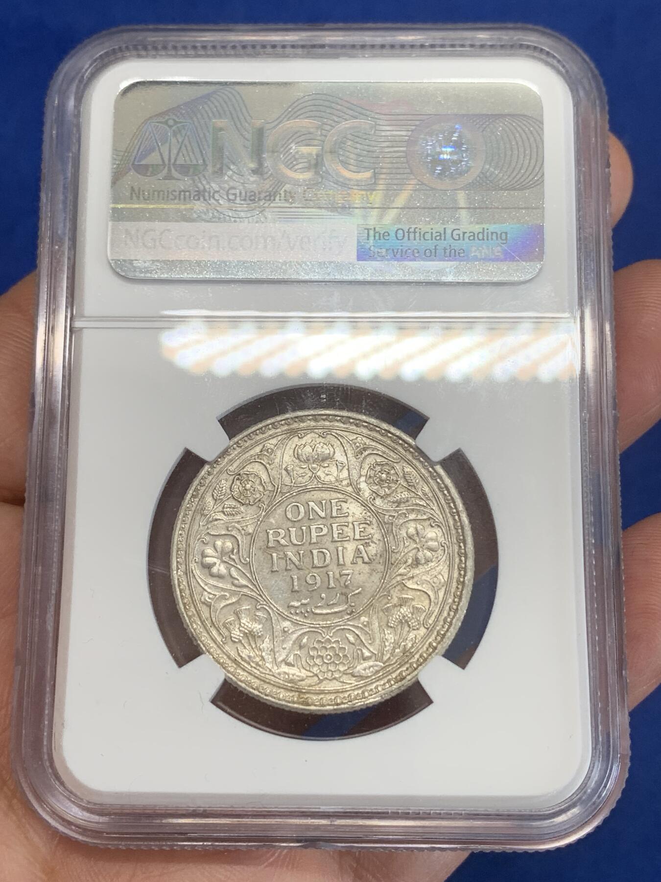 《竞宝斋》第270场- 周日，周一，周二  3场连拍 （全场包邮） NGC MS61 英属印度 1917年 C版 乔五 1卢比银币