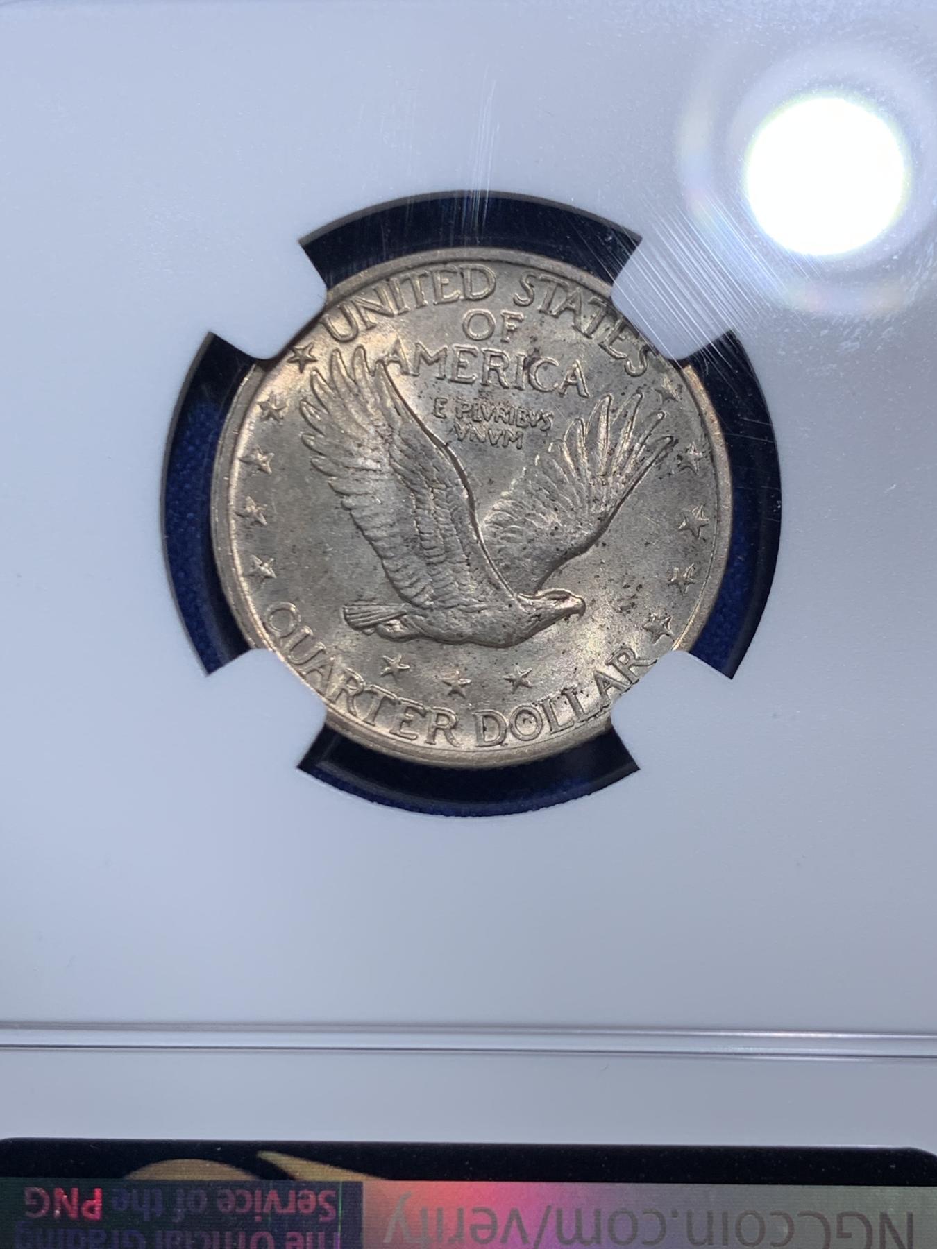 《竞宝斋》第270场- 周日，周一，周二  3场连拍 （全场包邮） NGC MS63 美国1920年站立女神25美分银币 美国近现代铸币的代表性品种，设计经典让人念念不忘以至在2016年作为25分的优质设计复刻了金质版。全脸细节 好打制 币面光晕流转，高点完好不见磨损，对于这个品种来说非常难或许应该给FH的状态。