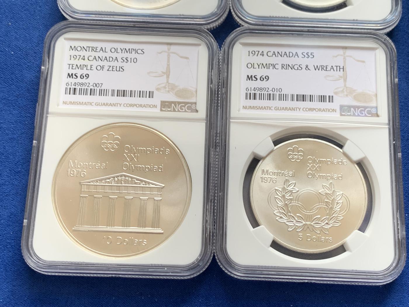 《竞宝斋》第270场- 周日，周一，周二  3场连拍 （全场包邮） 4枚一组 NGC MS66-69 加拿大1974年蒙特利尔奥运会纪念银币 全部为克朗型大银币 925银 合计重量144克 有原盒 少见品种
