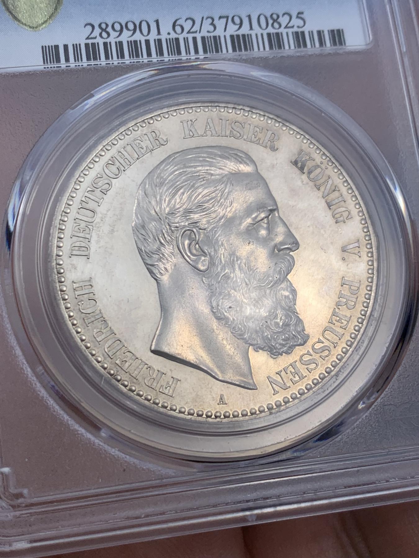 《竞宝斋》第270场- 周日，周一，周二  3场连拍 （全场包邮） PCGS PR62 德国 1888年 弗里德里希三世 德意志皇帝与普鲁士国王 精制版 5马克 大银币 如镜底面 非常的漂亮