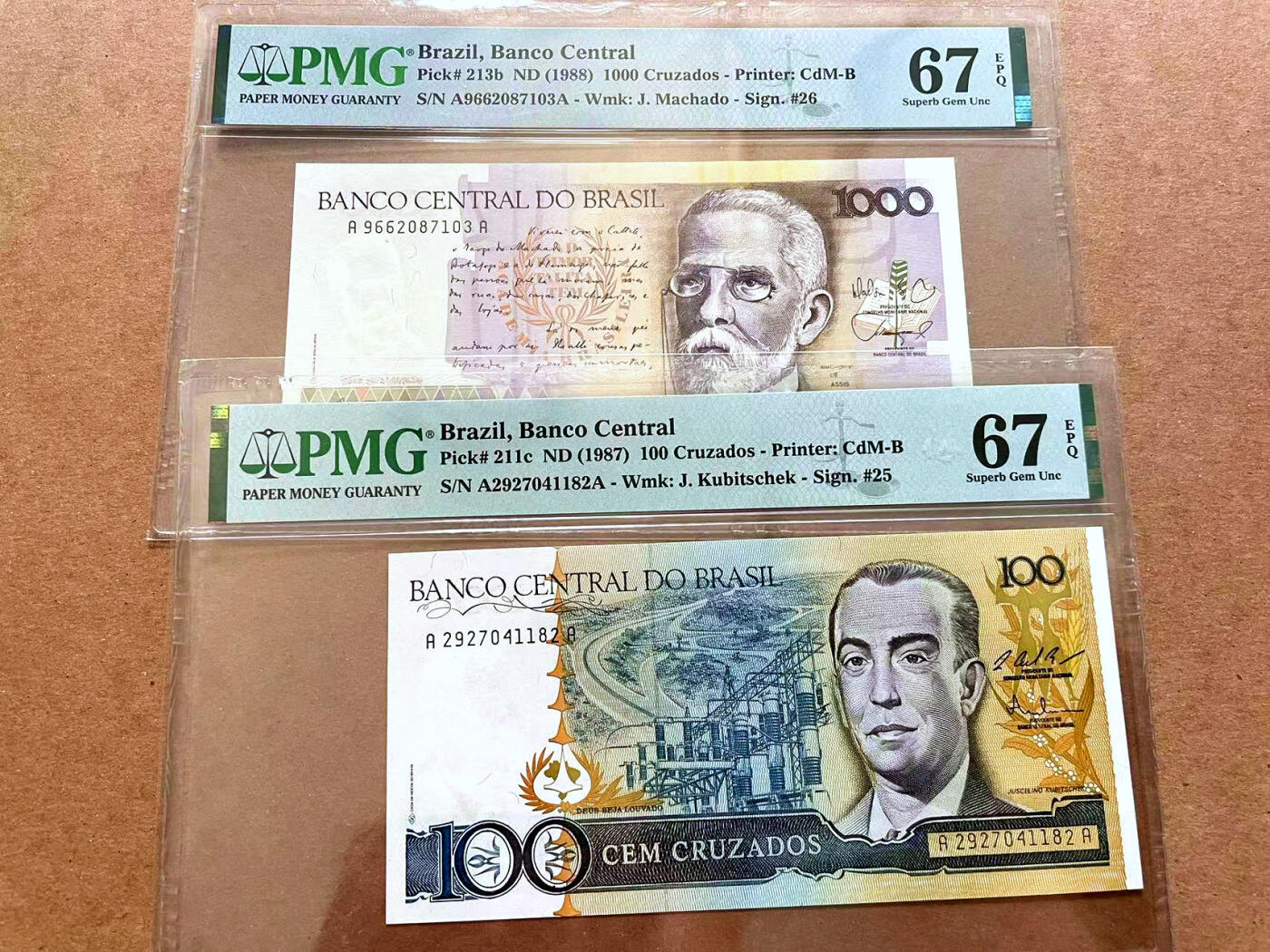 【Blue Auction】✨世界纸币精拍第479期【精】 【一组2张 AA冠】巴西 1987-88年100-1000克鲁塞罗  PMG67EPQ