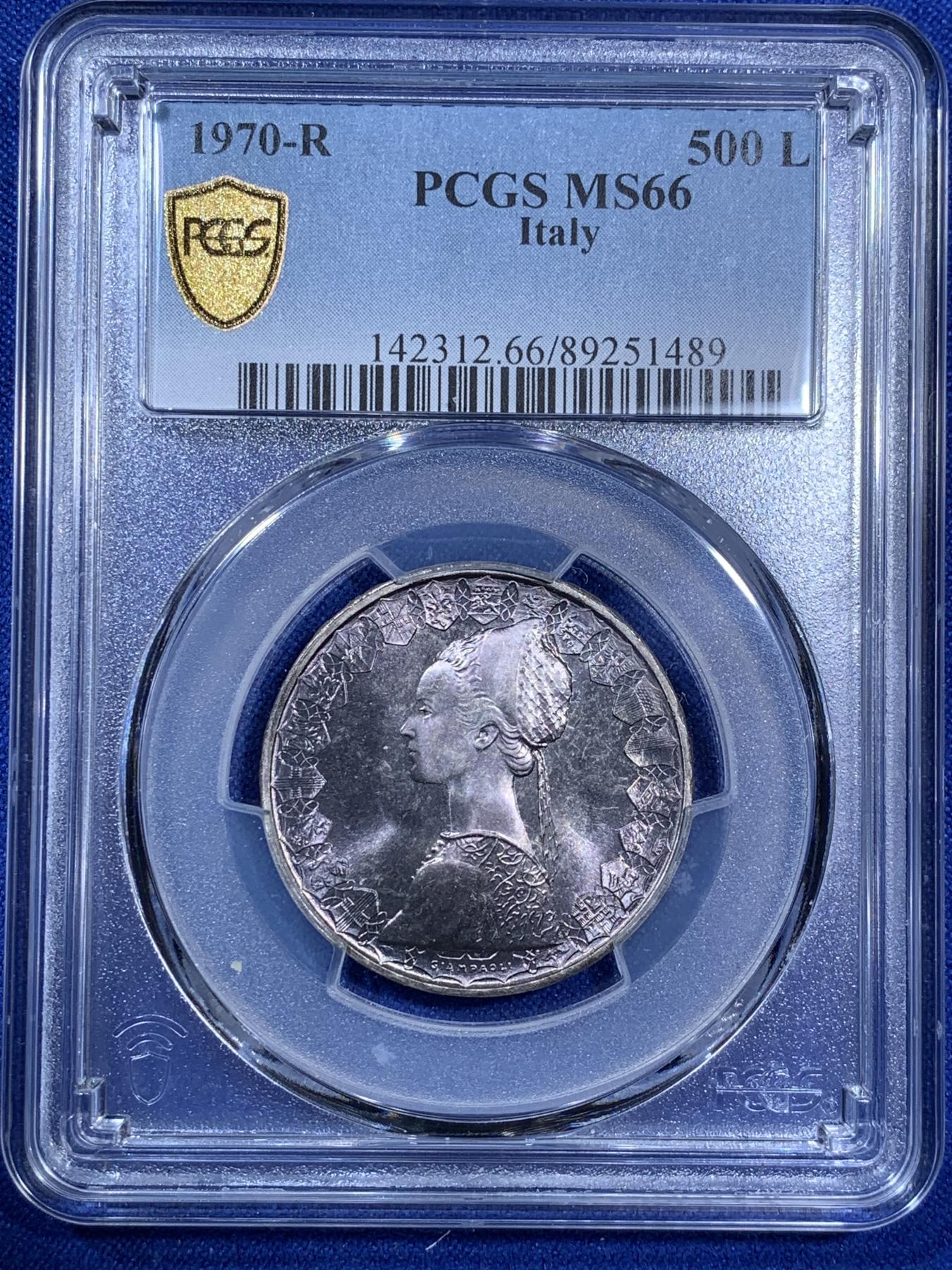 《竞宝斋》第270场- 周日，周一，周二  3场连拍 （全场包邮） PCGS MS66 意大利1970年500里拉人妻帆船银币 双面黑彩重包浆 高分好味道