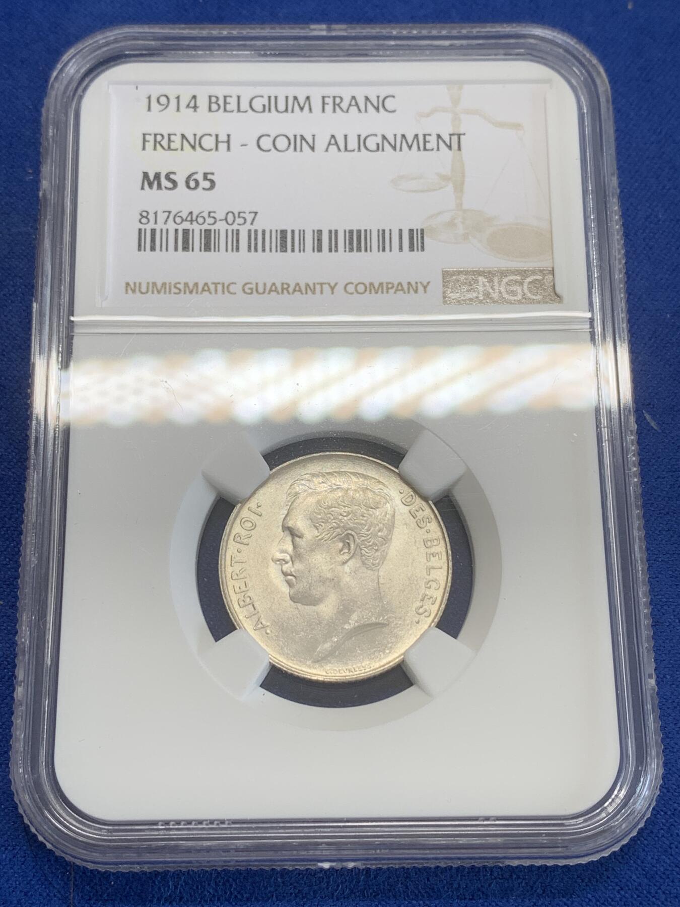 《竞宝斋》第270场- 周日，周一，周二  3场连拍 （全场包邮） NGC MS65 比利时 1914年 阿尔贝托国王 1法郎 银币