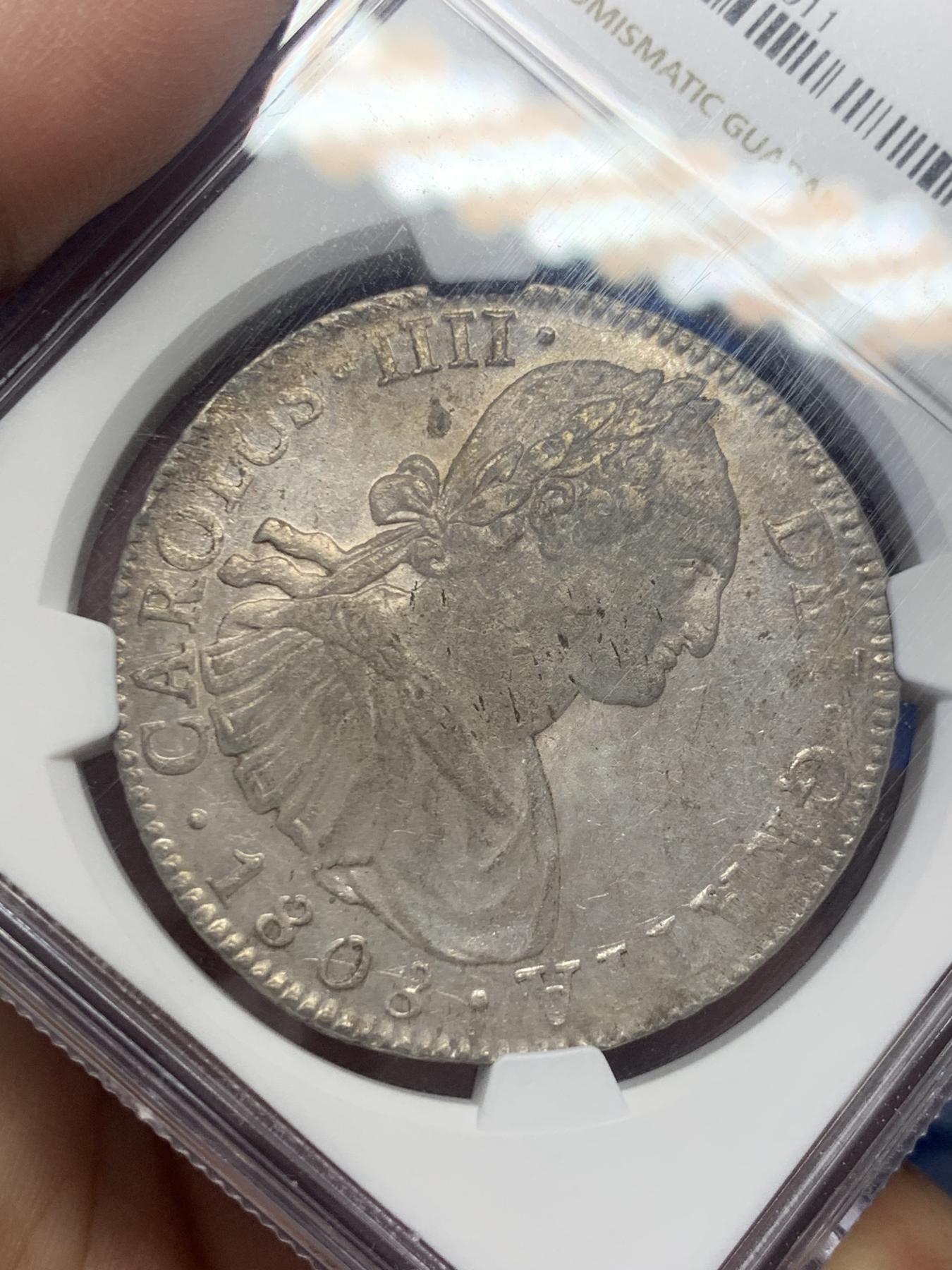 《竞宝斋》第270场- 周日，周一，周二  3场连拍 （全场包邮） NGC AU53 西属墨西哥1808年卡洛斯四世双柱 压印清晰 底板带光 AU佳品