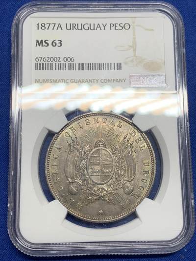 《竞宝斋》第270场- 周日，周一，周二  3场连拍 （全场包邮） - NGC MS63 乌拉圭 1877年 1比索 银币 原味深彩包浆