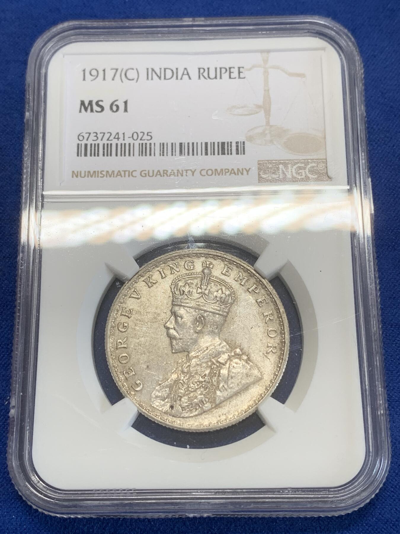 《竞宝斋》第270场- 周日，周一，周二  3场连拍 （全场包邮） NGC MS61 英属印度 1917年 C版 乔五 1卢比银币