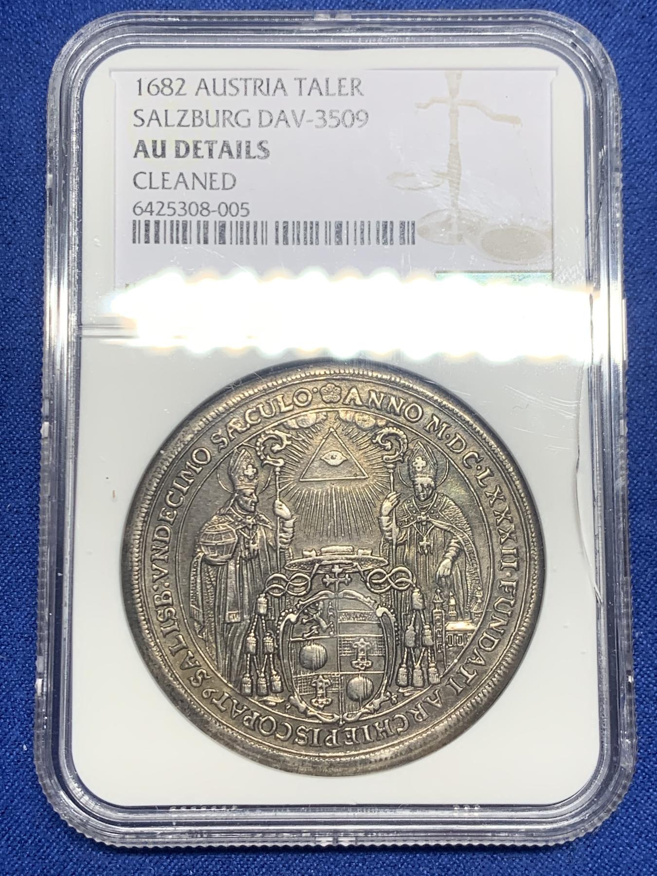 《竞宝斋》第270场- 周日，周一，周二  3场连拍 （全场包邮） NGC AUD 奥地利萨尔茨堡1682年主教区建立1100年泰勒大银币 暗金色包浆 细节精美 稀少品种 盒子右侧有条裂纹