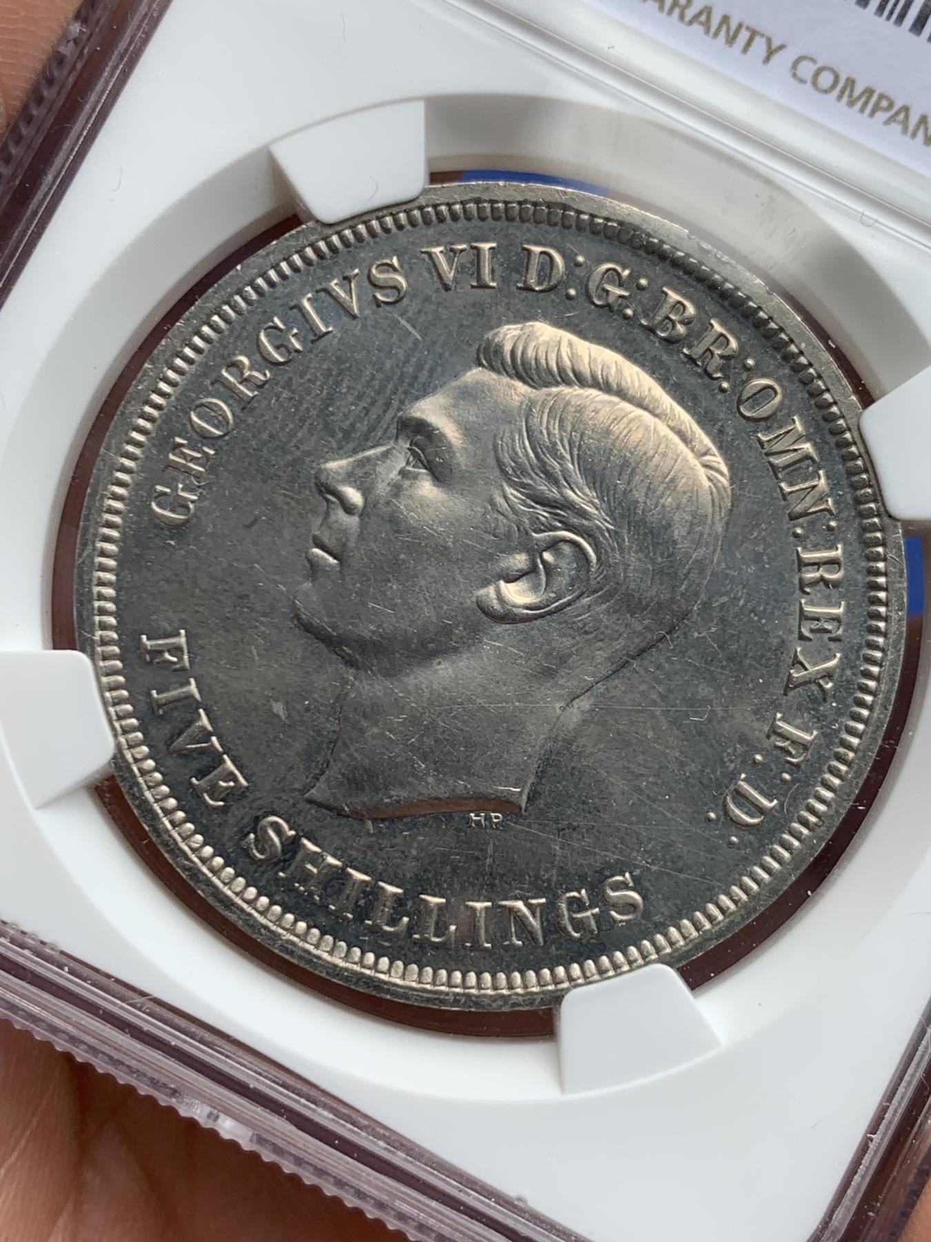 《竞宝斋》第270场- 周日，周一，周二  3场连拍 （全场包邮） NGC PL63 英国1951年乔治六世1克朗镍马剑 状态不错