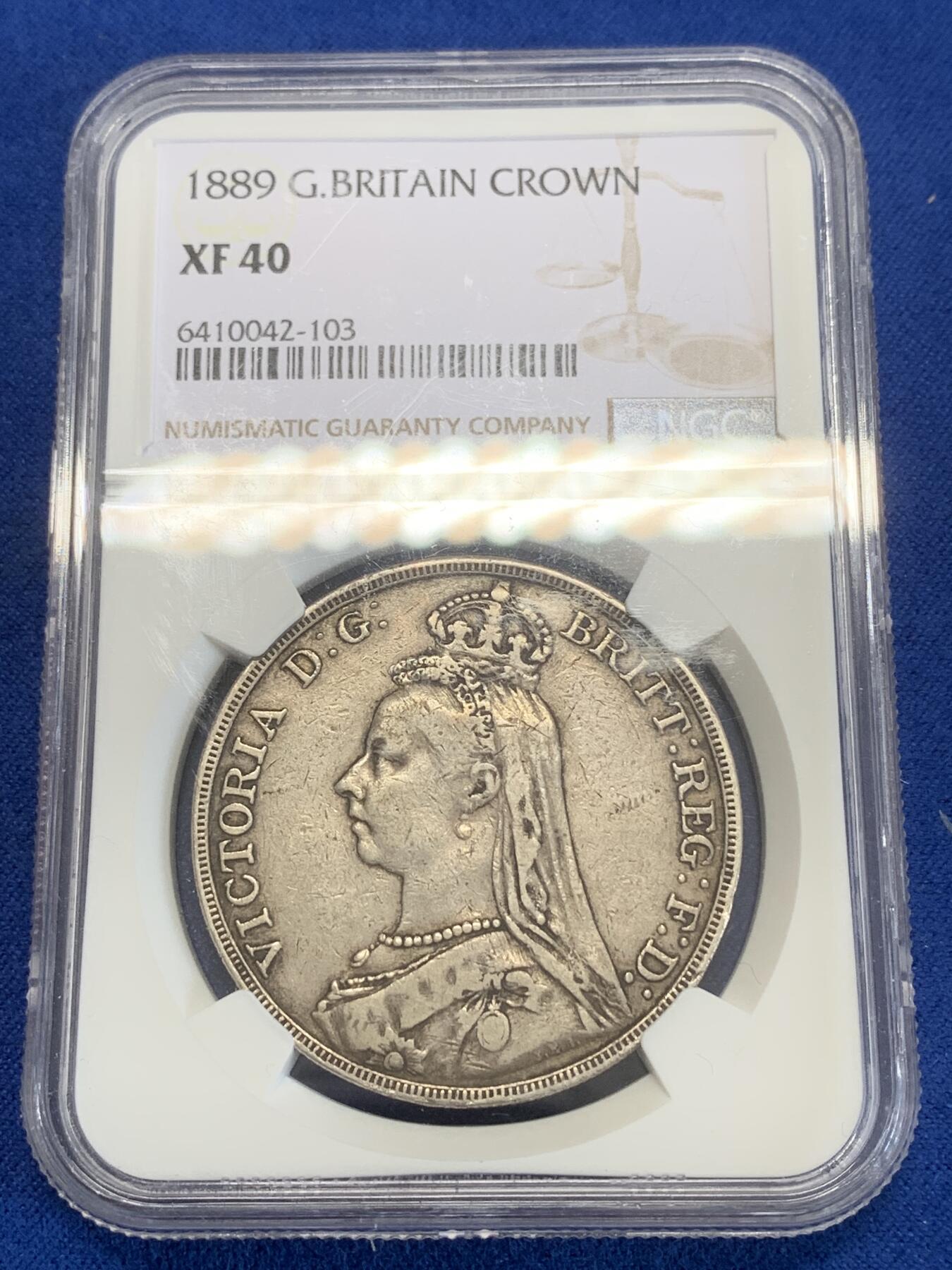 《竞宝斋》第270场- 周日，周一，周二  3场连拍 （全场包邮） NGC XF40 英国1889维多利亚高冠马剑银币